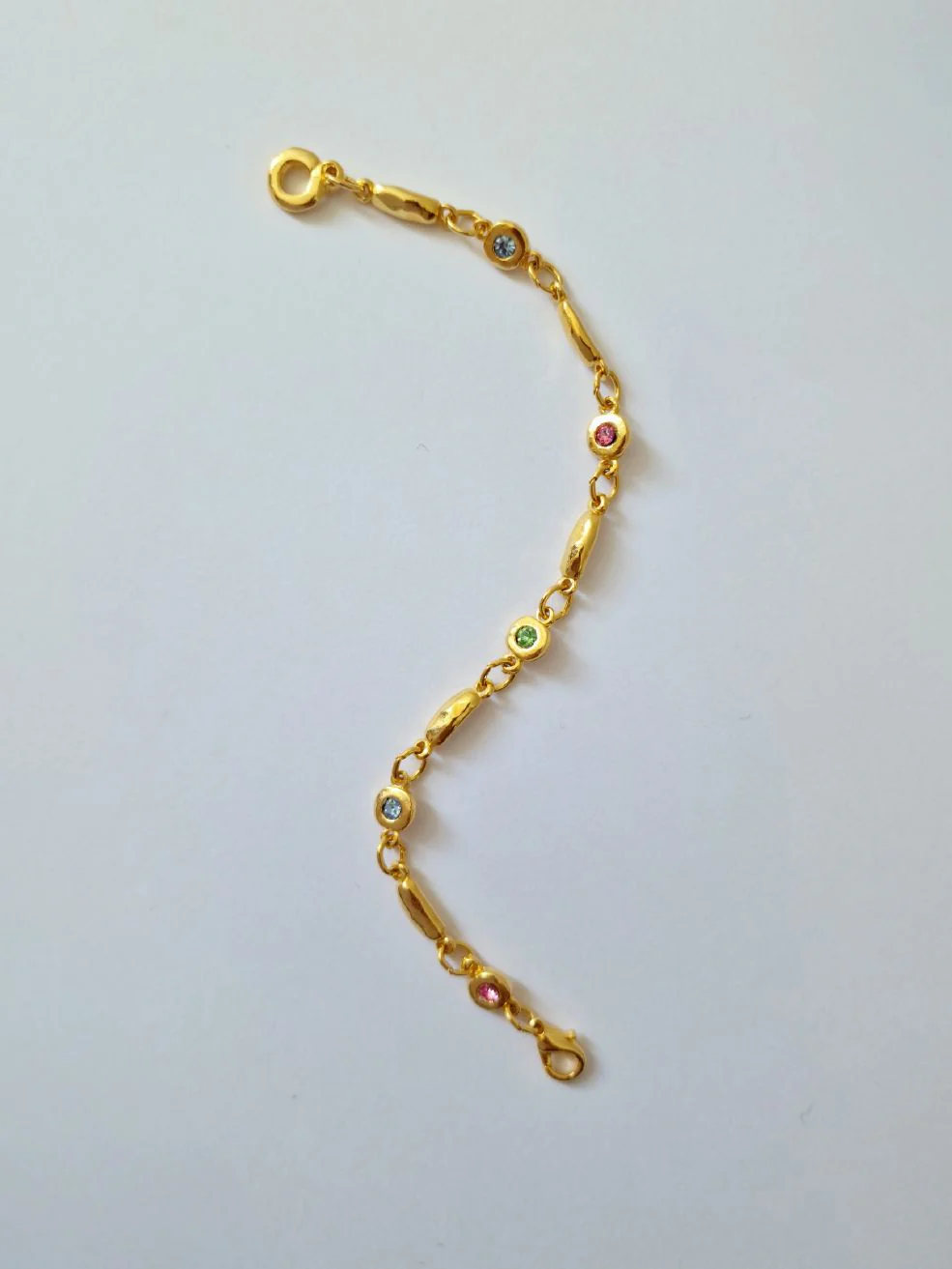 Vintage Gold Plated Chunky Link Chain Bracelet with Blue, Pink and Green Crystals - Image 2