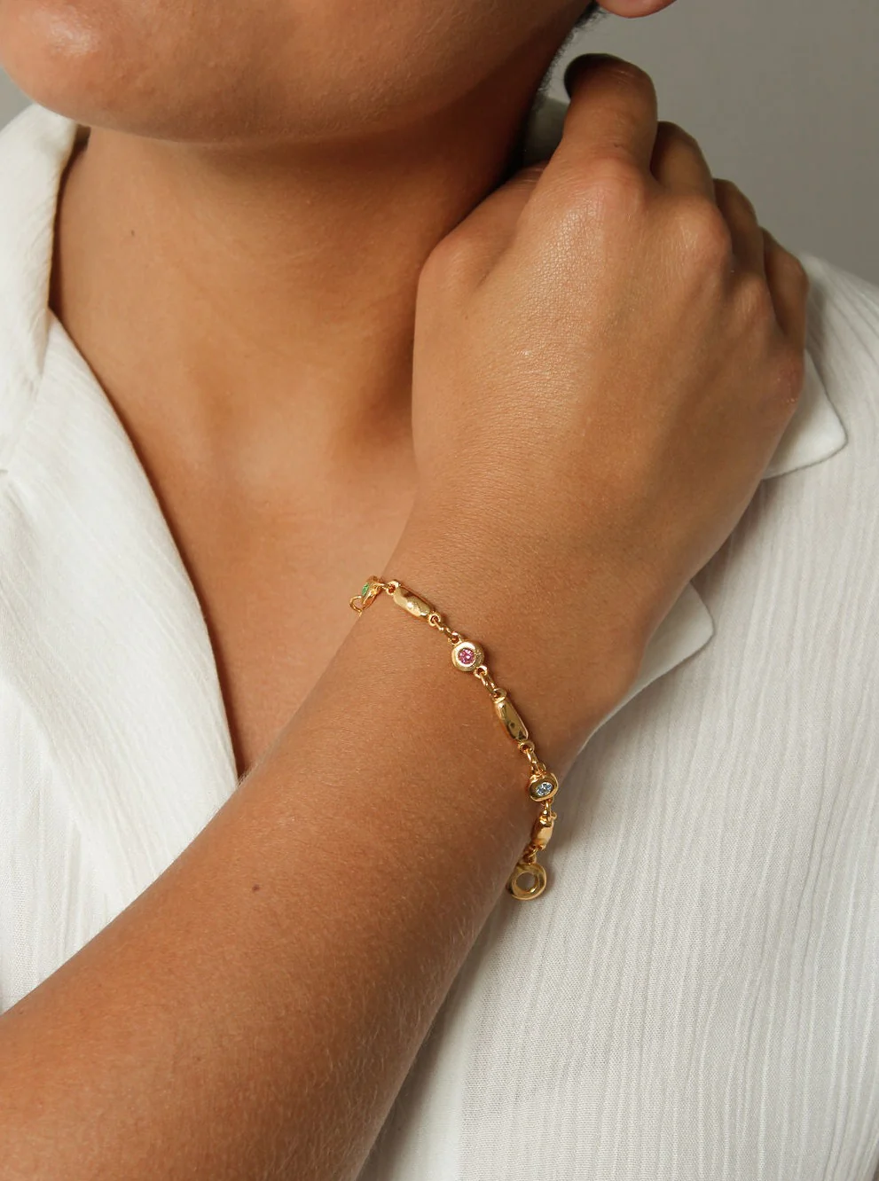 Vintage Gold Plated Chunky Link Chain Bracelet with Blue, Pink and Green Crystals - Image 3