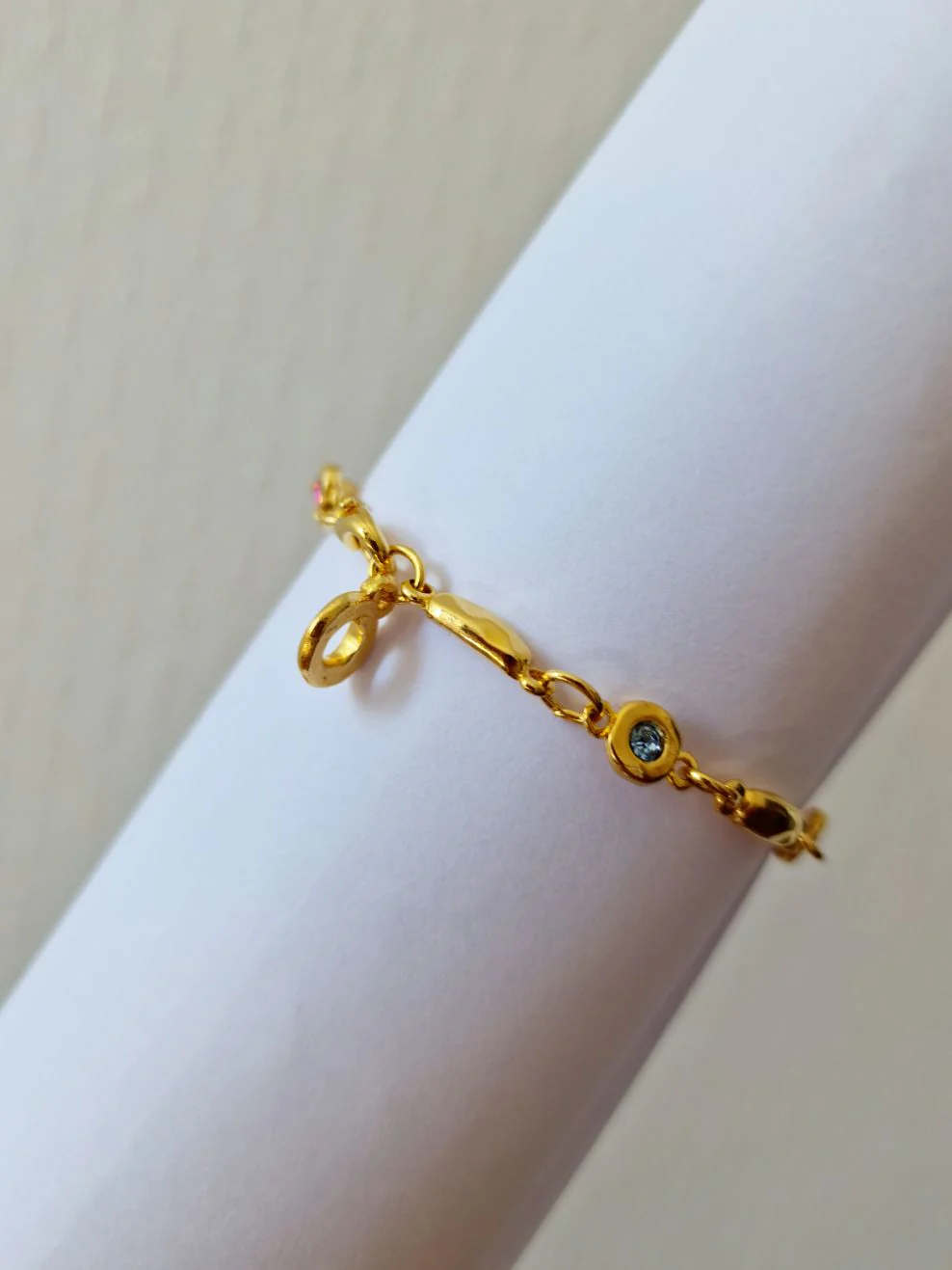 Vintage Gold Plated Chunky Link Chain Bracelet with Blue, Pink and Green Crystals - Image 4