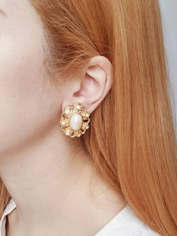 Vintage Gold Plated Clip On Pearl Earrings - Image 2