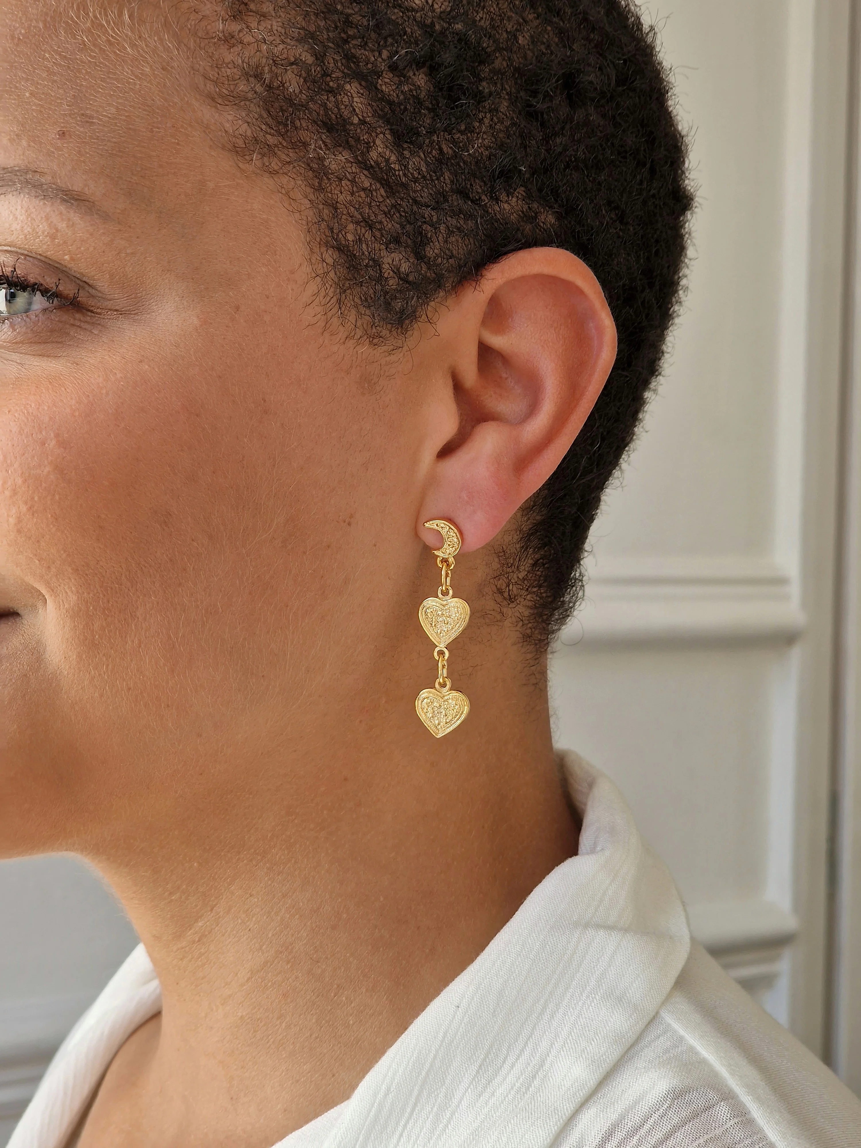 Vintage Gold Plated Crescent Moon & Heart Drop Earrings - Image 2