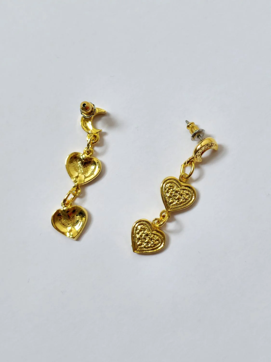Vintage Gold Plated Crescent Moon & Heart Drop Earrings - Image 3