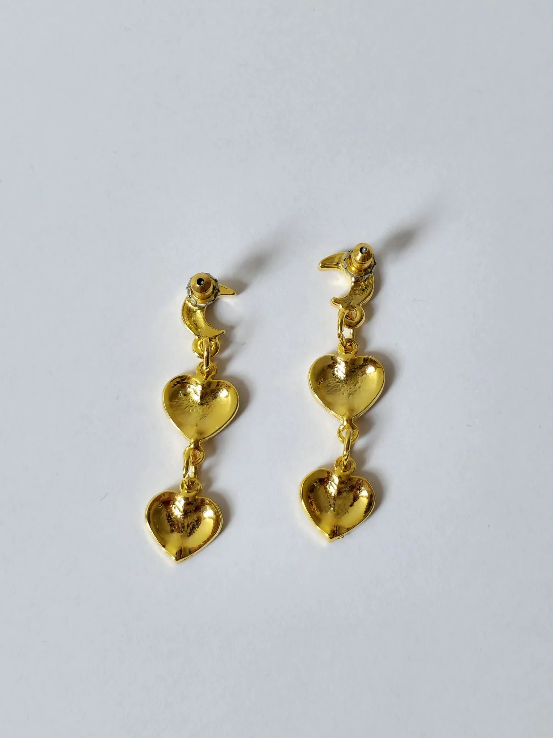 Vintage Gold Plated Crescent Moon & Heart Drop Earrings - Image 4