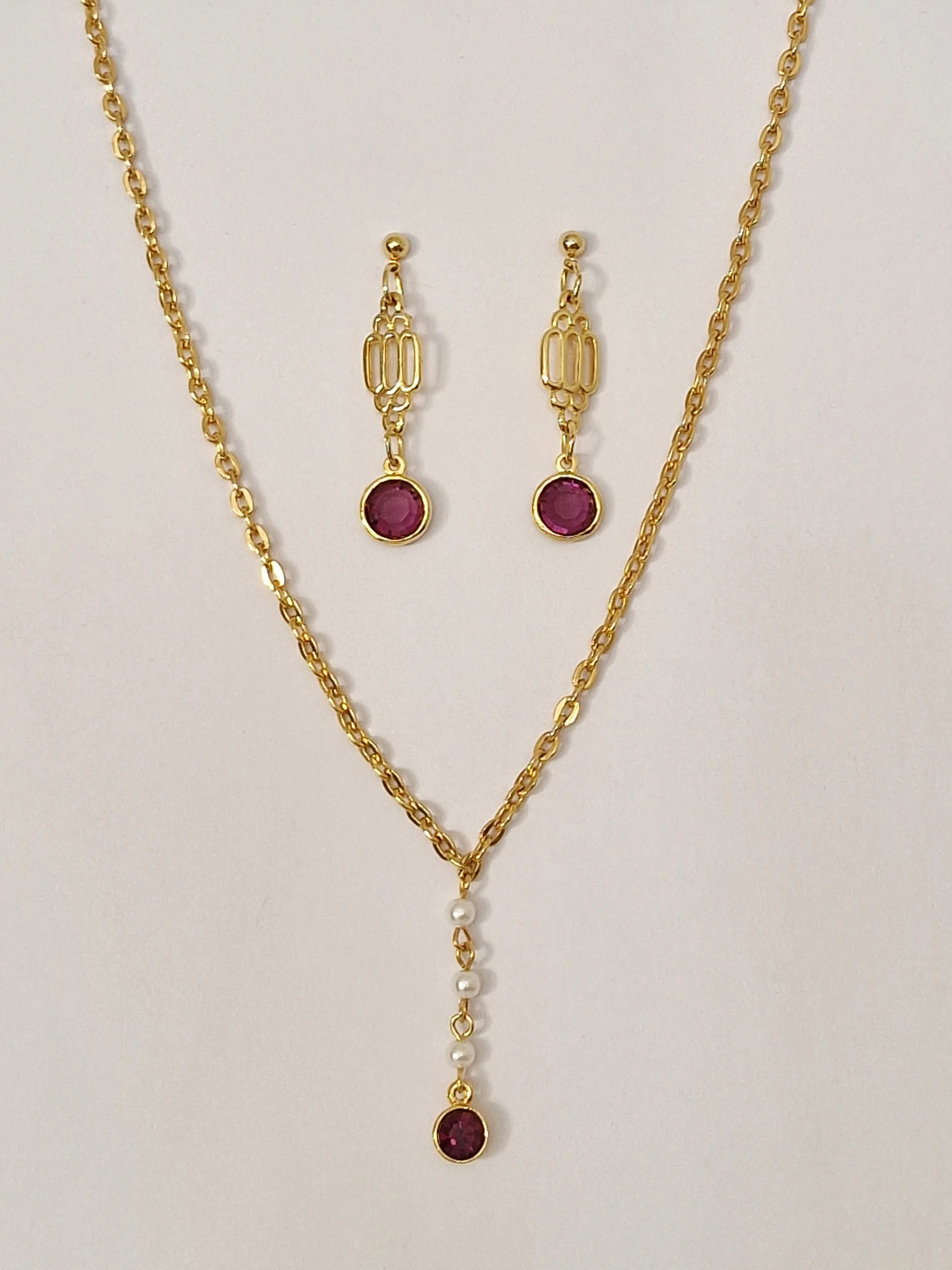 Vintage Gold Plated Purple Crystal Charm Necklace and Earring Set - Image 2