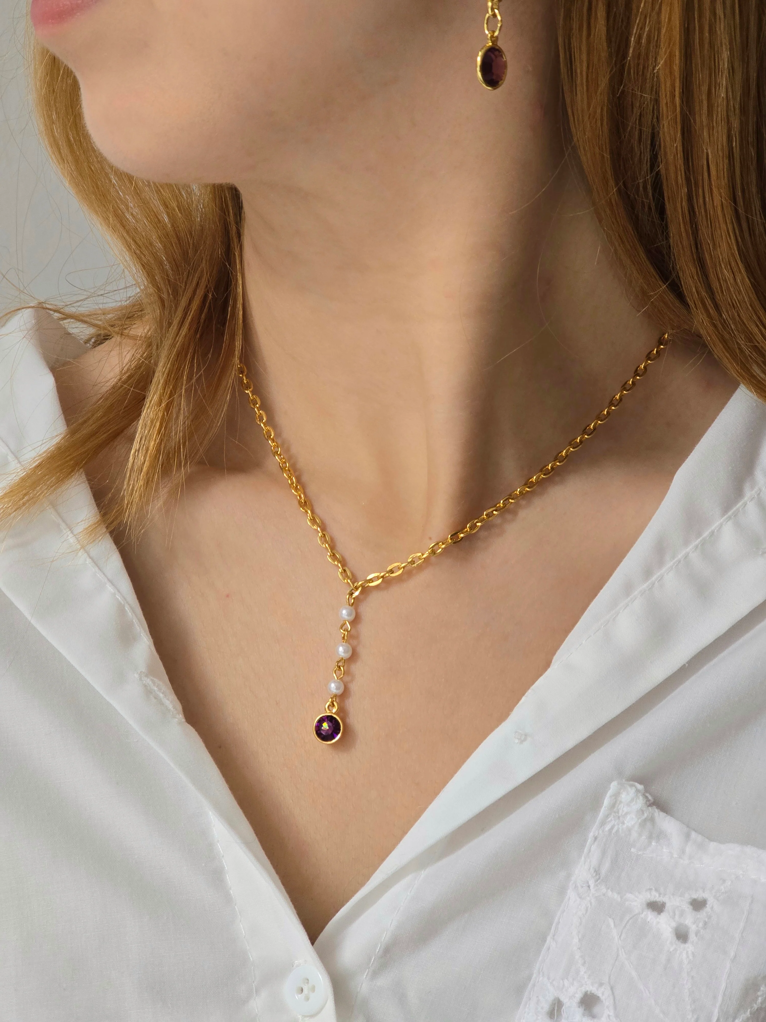 Vintage Gold Plated Purple Crystal Charm Necklace and Earring Set - Image 6