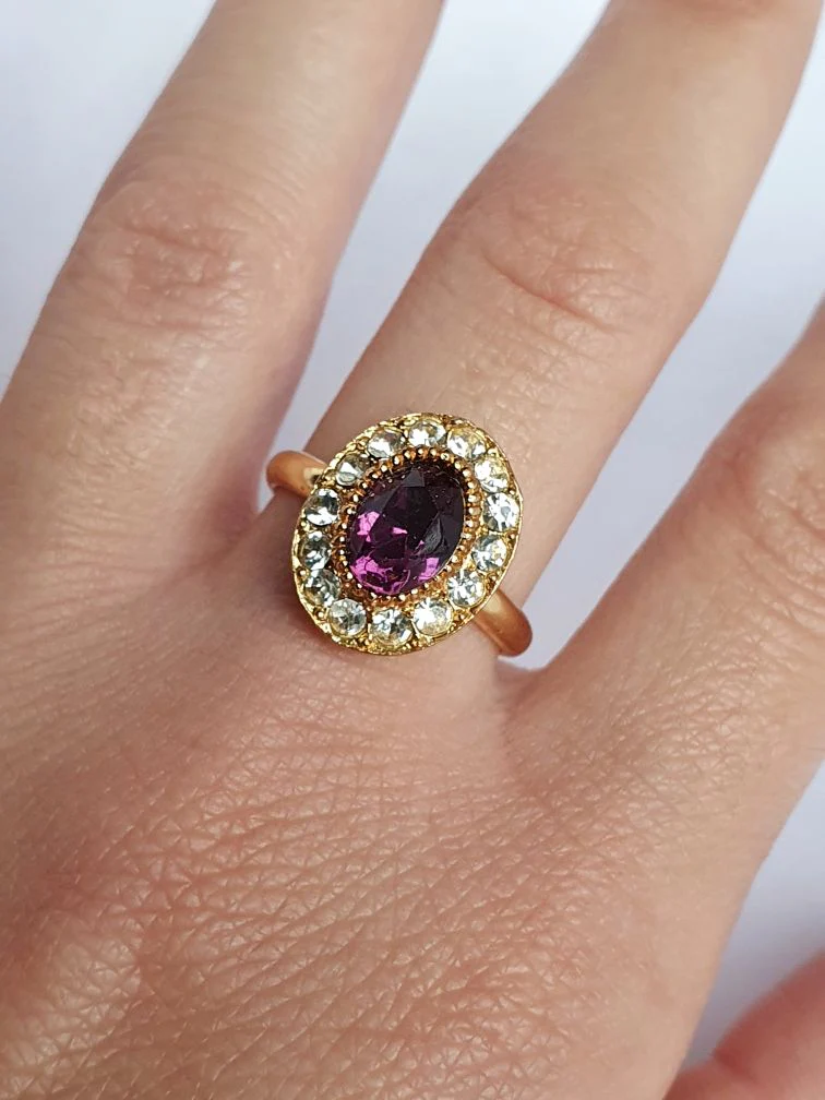 Vintage Gold Plated Crystal Cocktail Oval Ring - Image 3