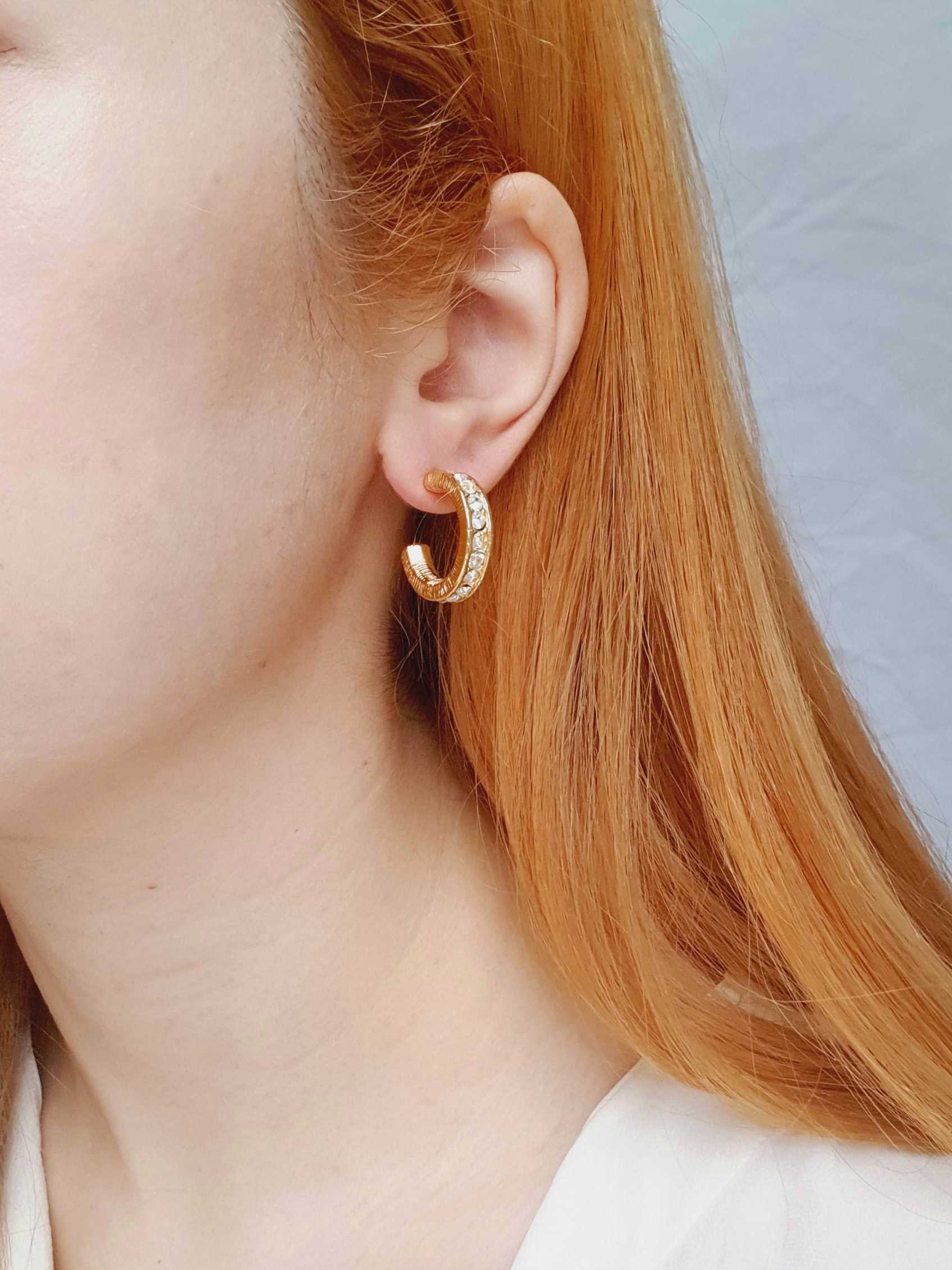 Vintage Gold Plated Crystal Hoop Earrings - Image 2