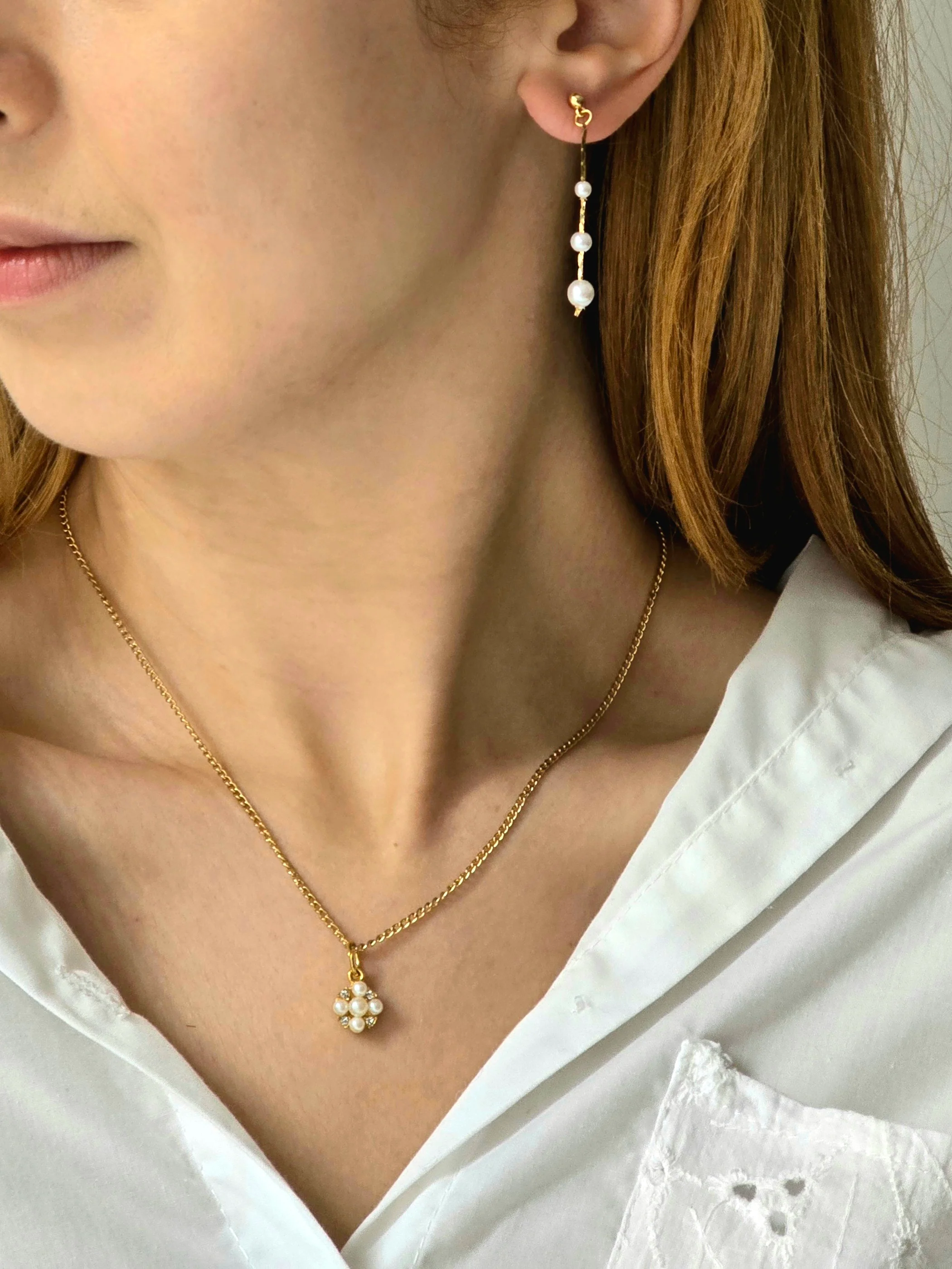 Vintage Gold Plated Dainty Pearl Necklace and Earring Set