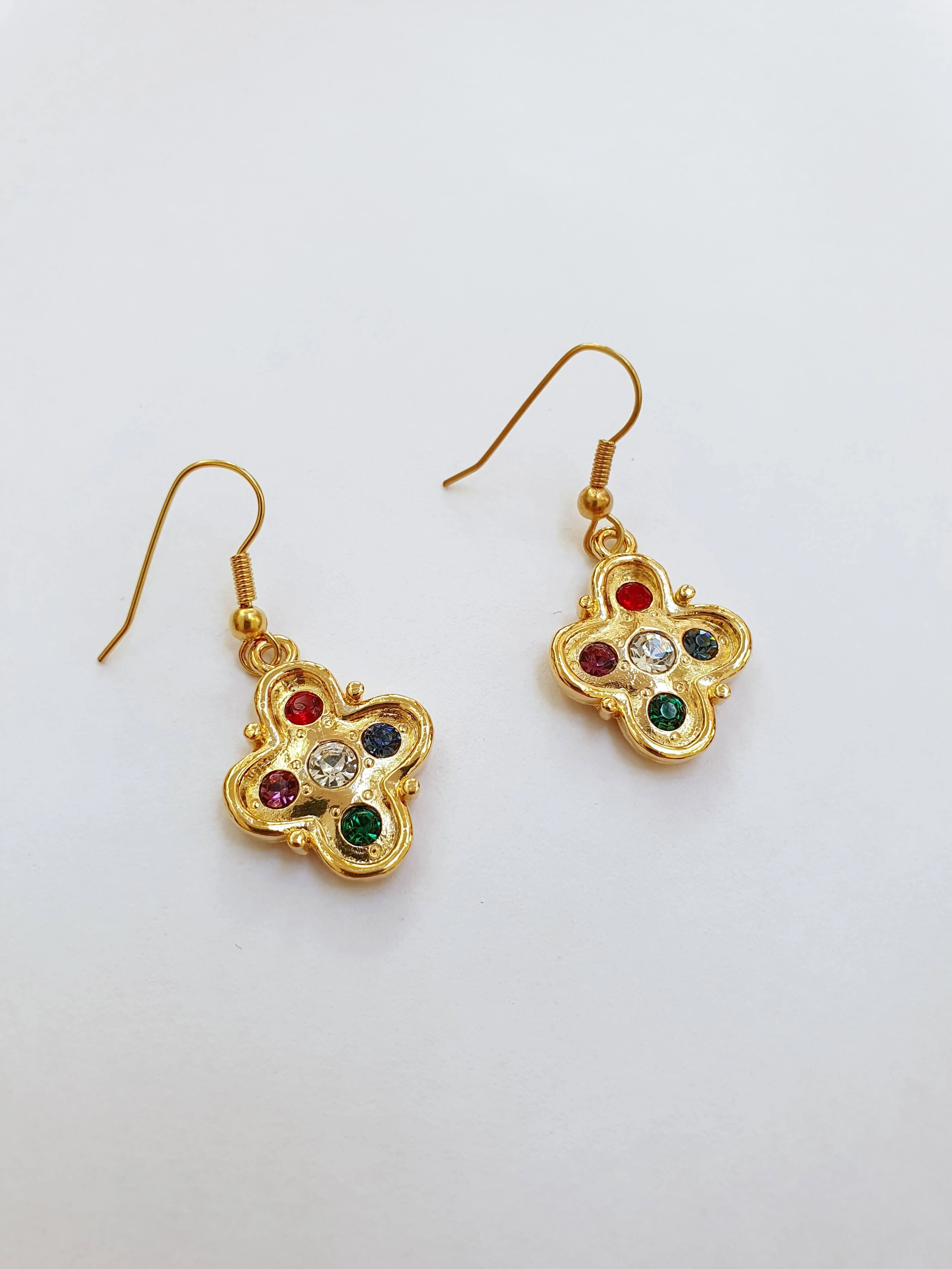 Vintage Gold Plated Drop Cross Earrings with Colourful Crystals