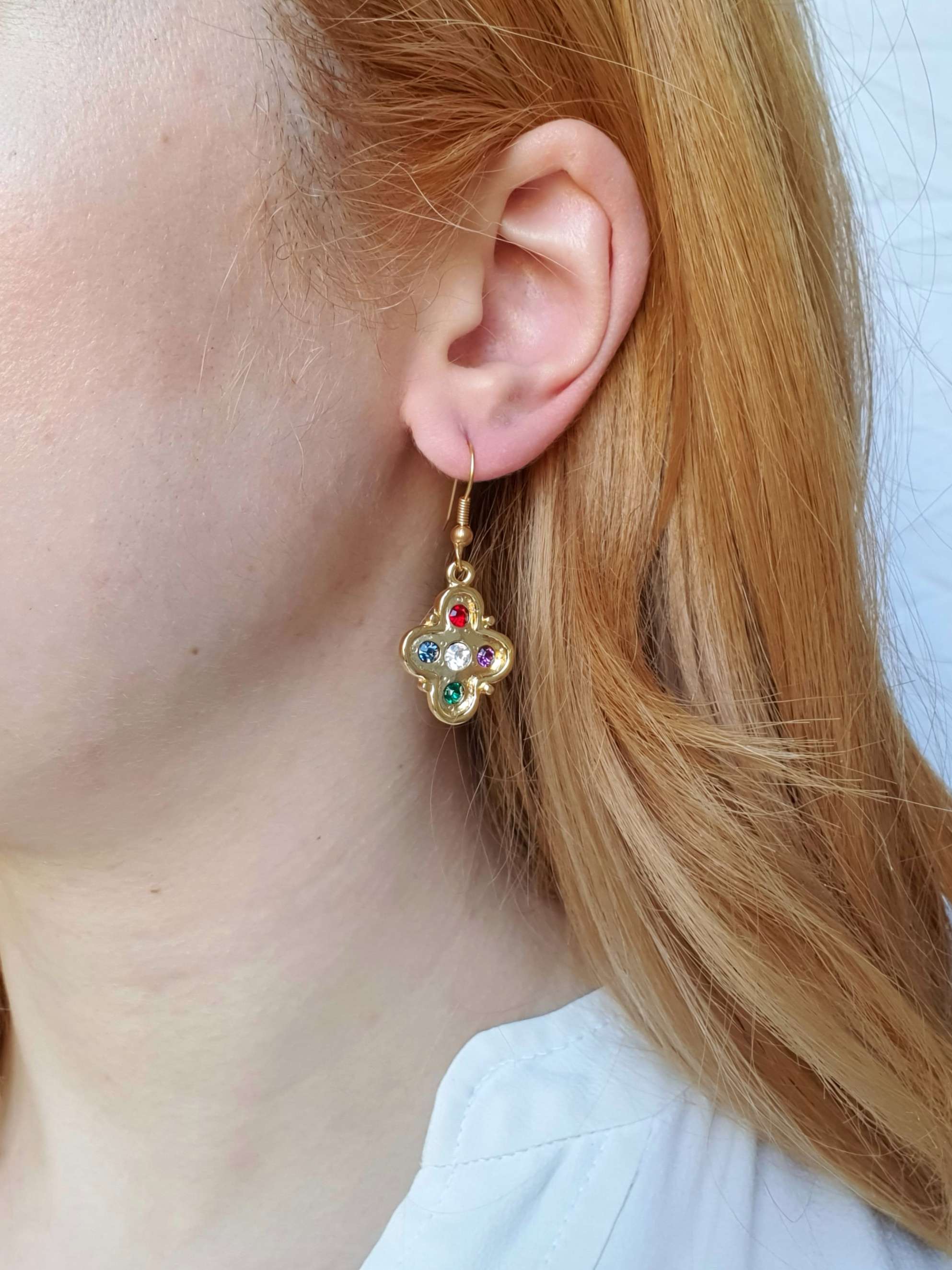 Vintage Gold Plated Drop Cross Earrings with Colourful Crystals - Image 2