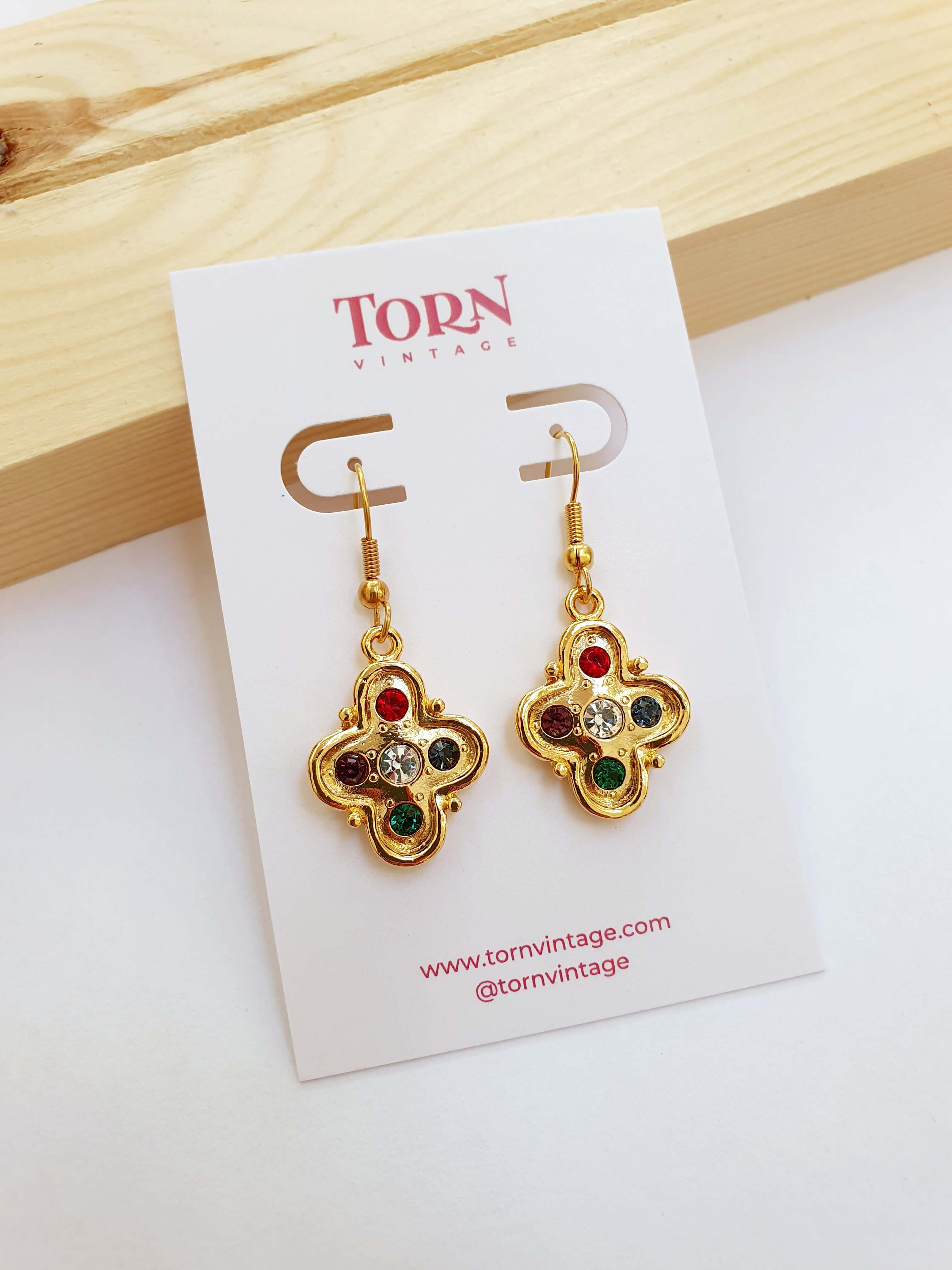 Vintage Gold Plated Drop Cross Earrings with Colourful Crystals - Image 5
