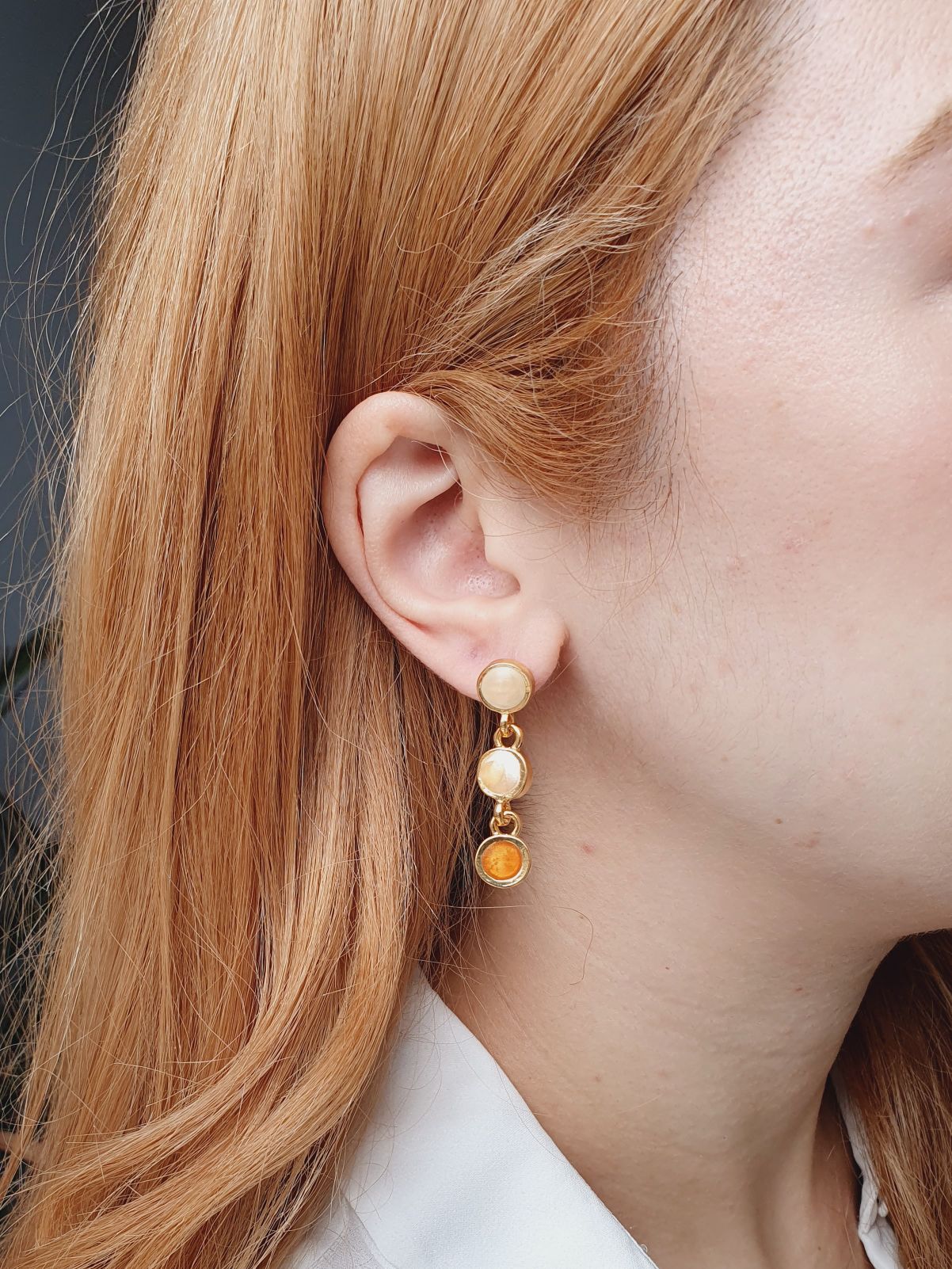 Vintage Gold Plated Drop Earrings with Copper & Beige Enamel - Image 2