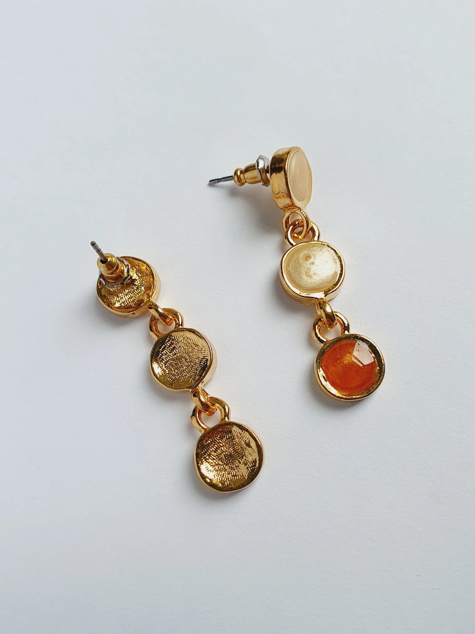 Vintage Gold Plated Drop Earrings with Copper & Beige Enamel - Image 3