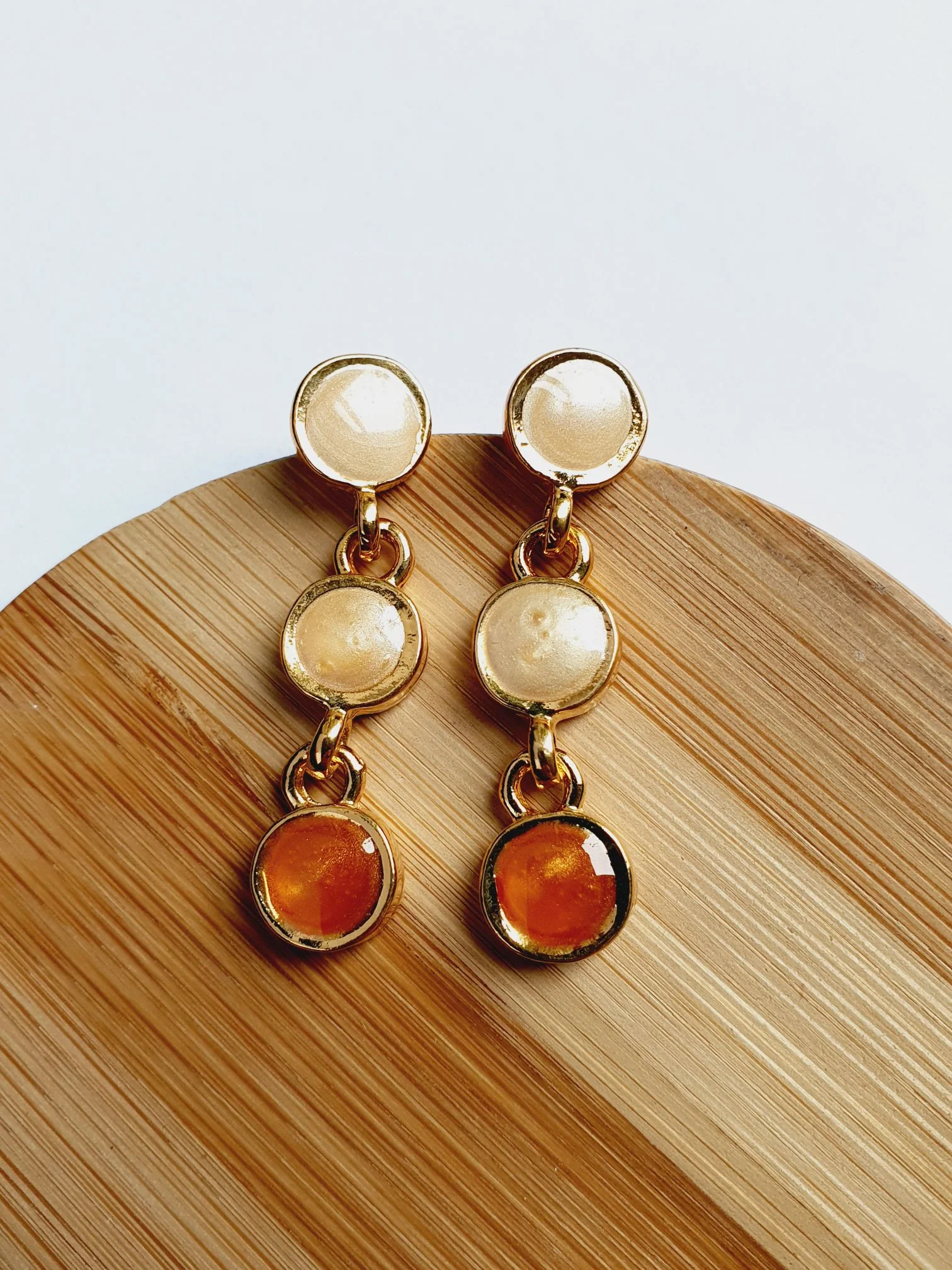 Vintage Gold Plated Drop Earrings with Copper & Beige Enamel - Image 5