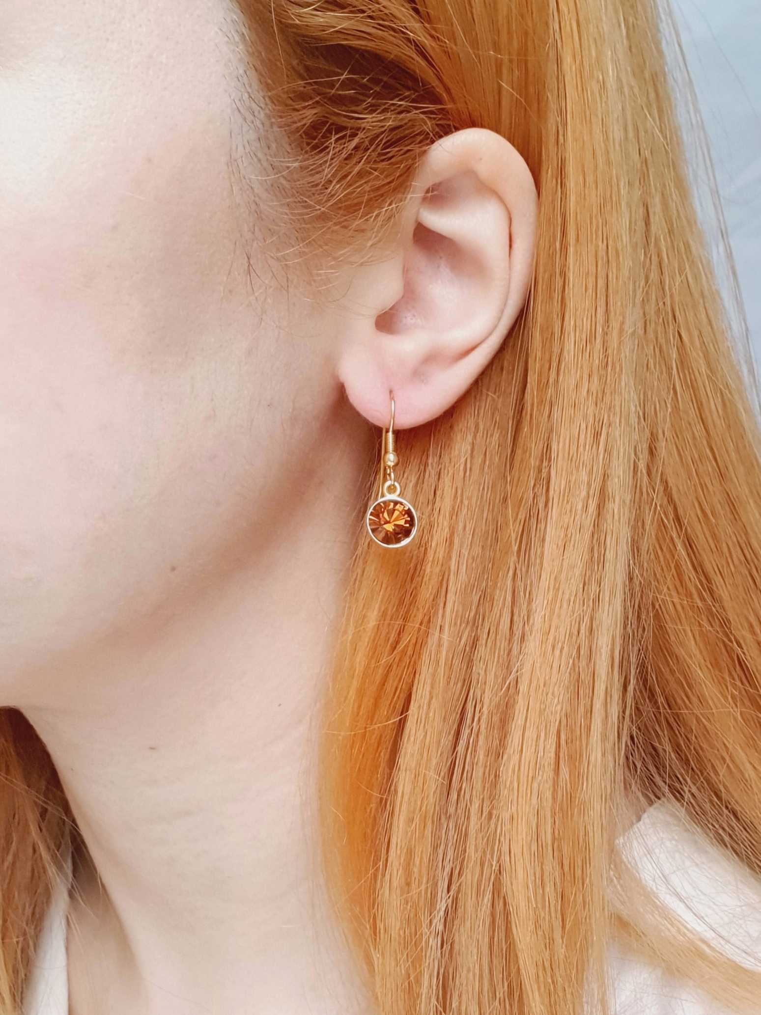 Vintage Gold Plated Drop Earrings with Copper Crystal - Image 2