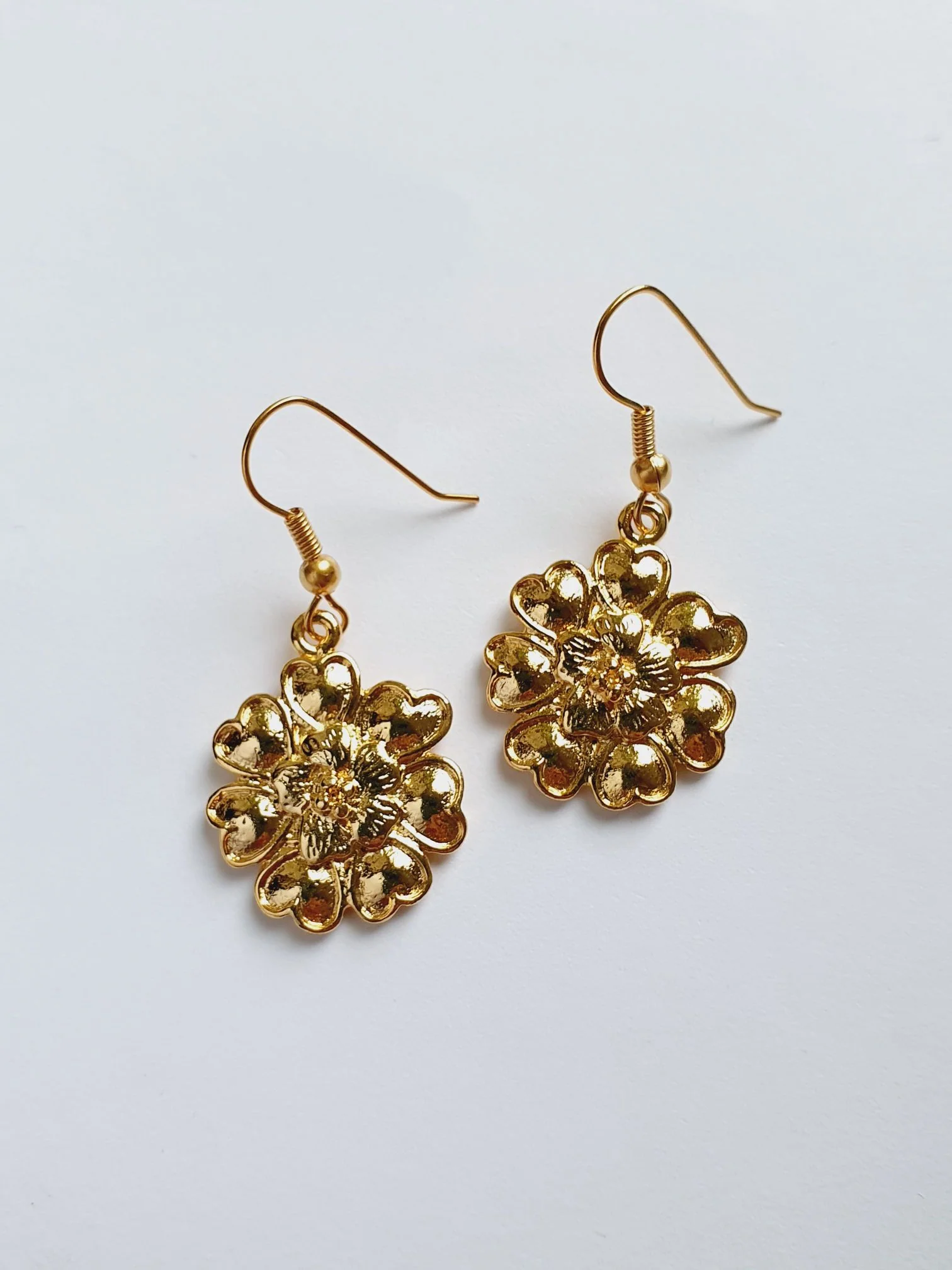 Vintage Gold Plated Drop Earrings with Flower Charm - Image 2