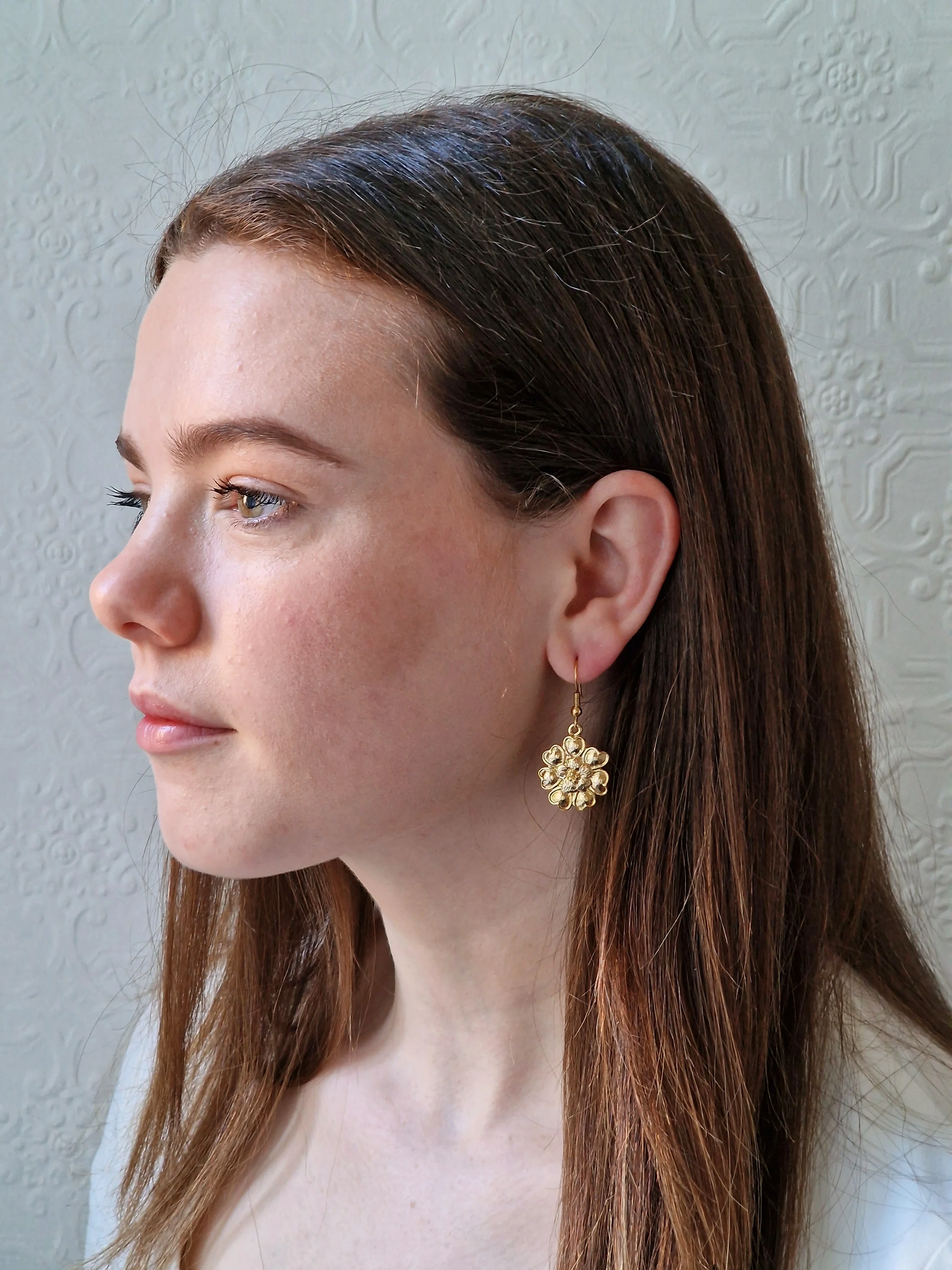 Vintage Gold Plated Drop Earrings with Flower Charm - Image 4