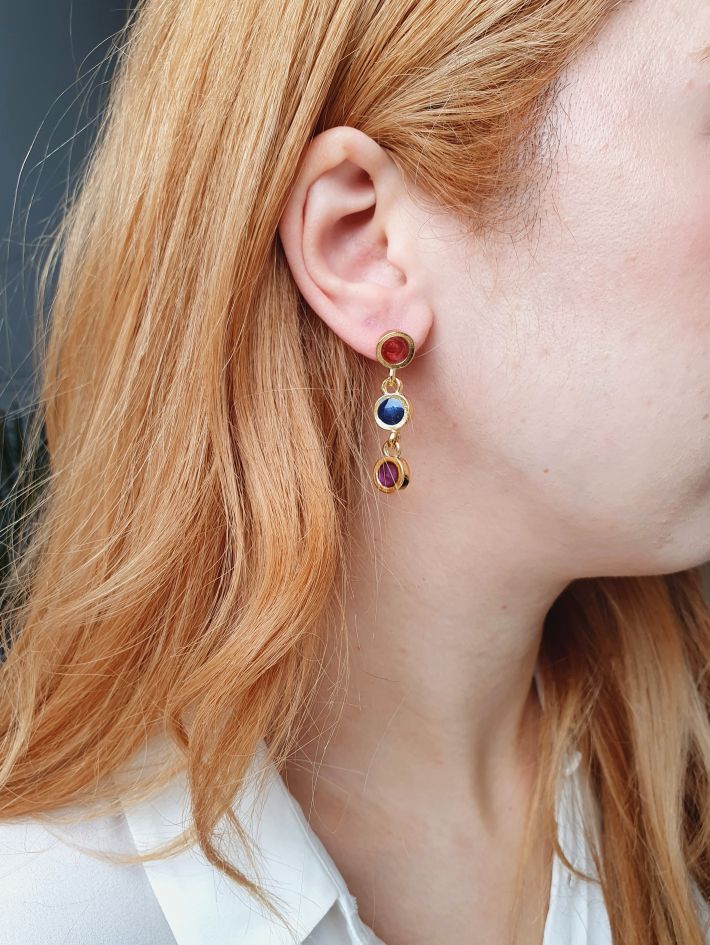 Vintage Gold Plated Drop Earrings with Red, Blue & Purple Enamel - Image 2