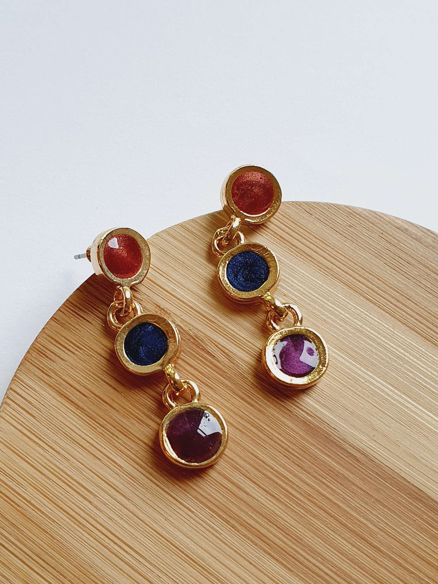 Vintage Gold Plated Drop Earrings with Red, Blue & Purple Enamel - Image 3