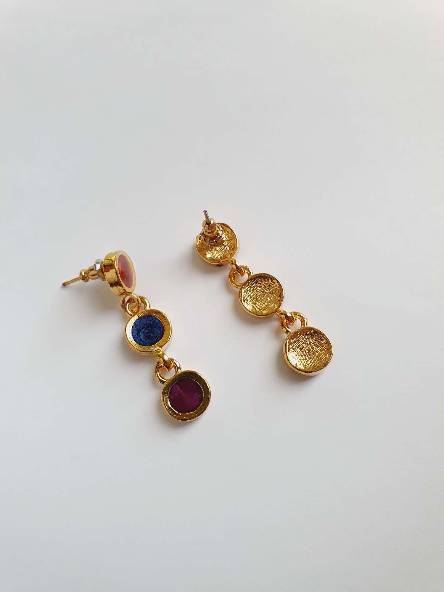 Vintage Gold Plated Drop Earrings with Red, Blue & Purple Enamel - Image 5