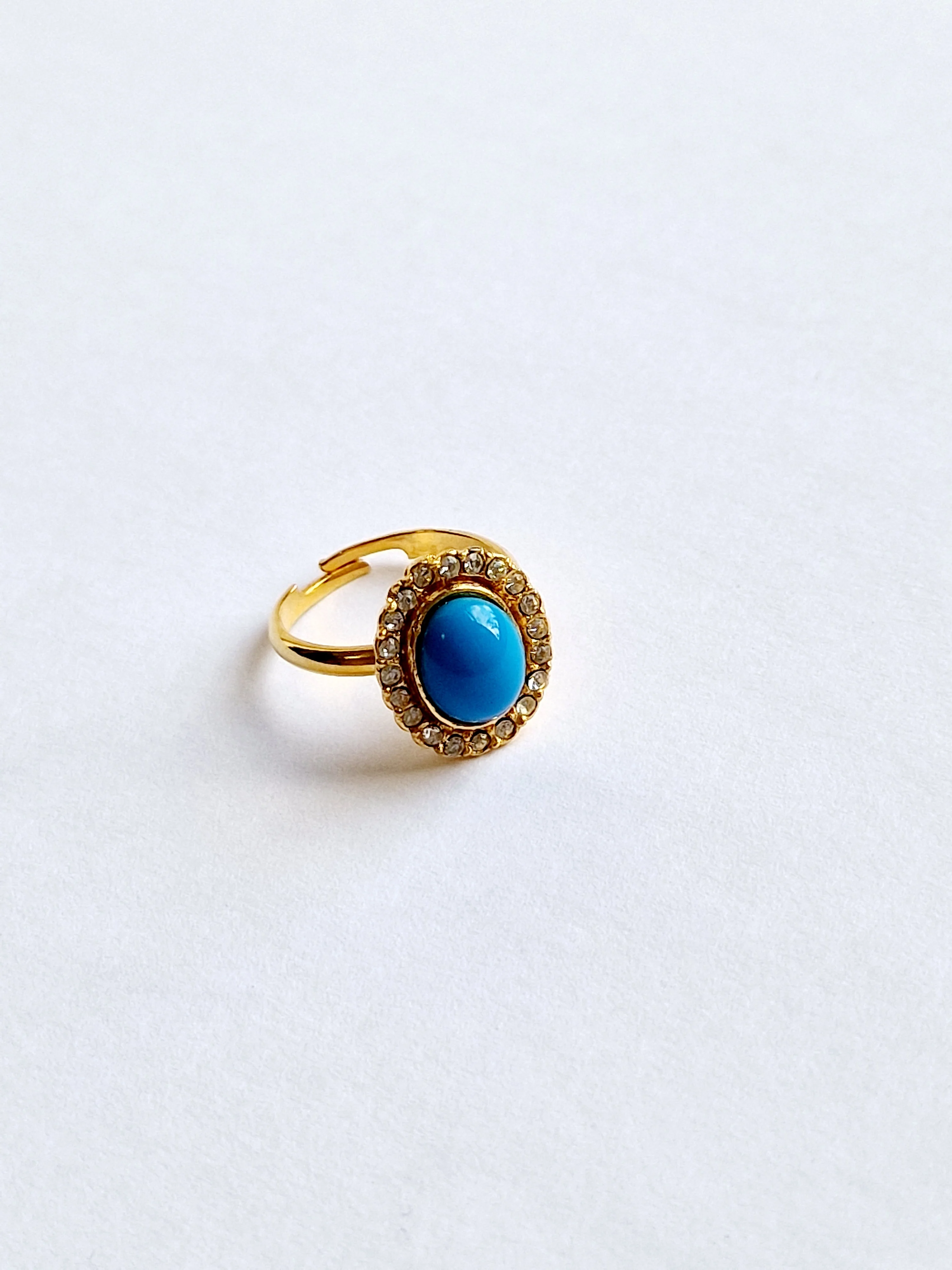 Vintage Gold Plated Faux Turquoise Oval Cocktail Ring with Crystals - Image 3