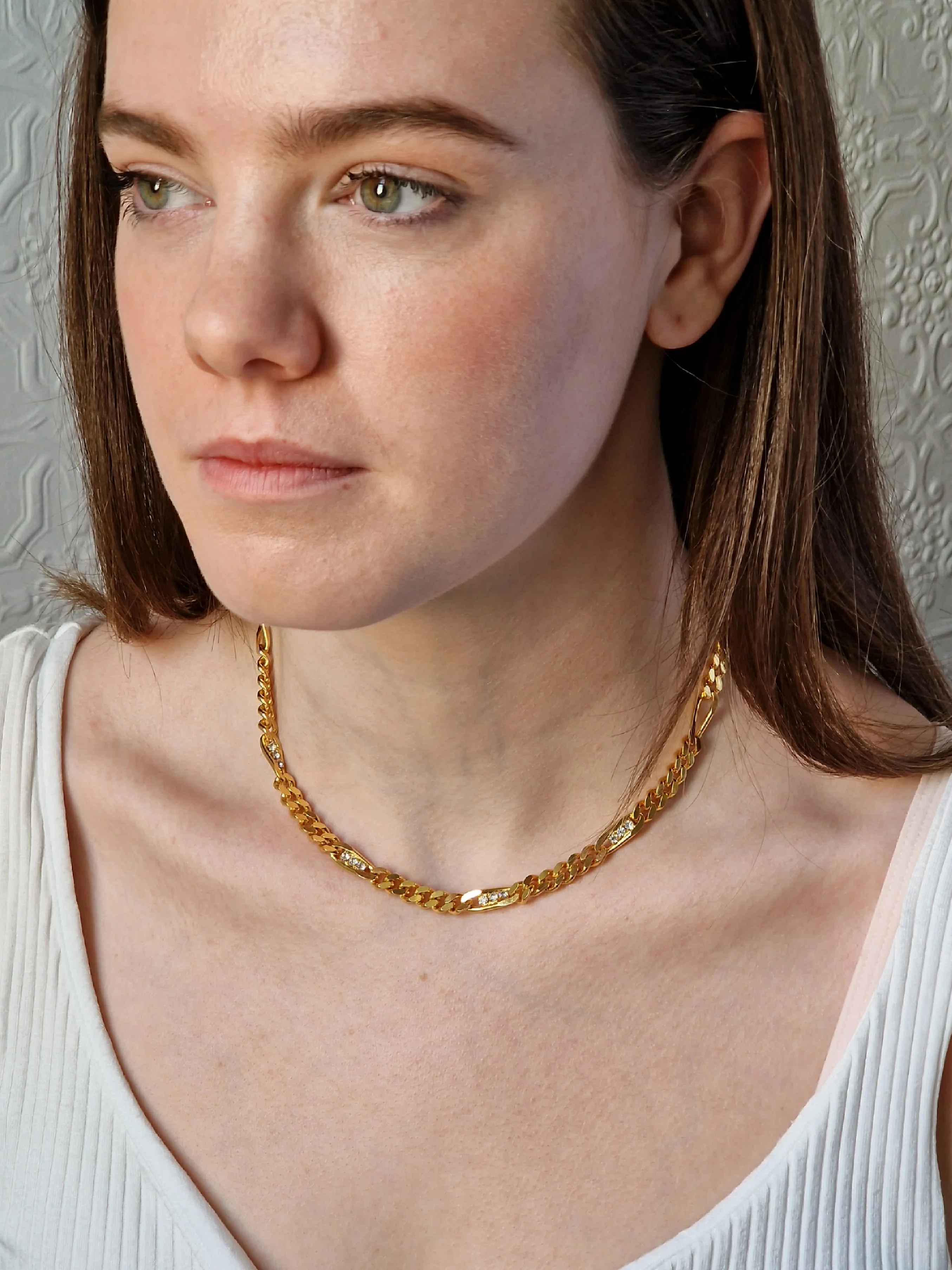 Vintage Gold Plated Figaro Chain Necklace with Crystals - Image 3