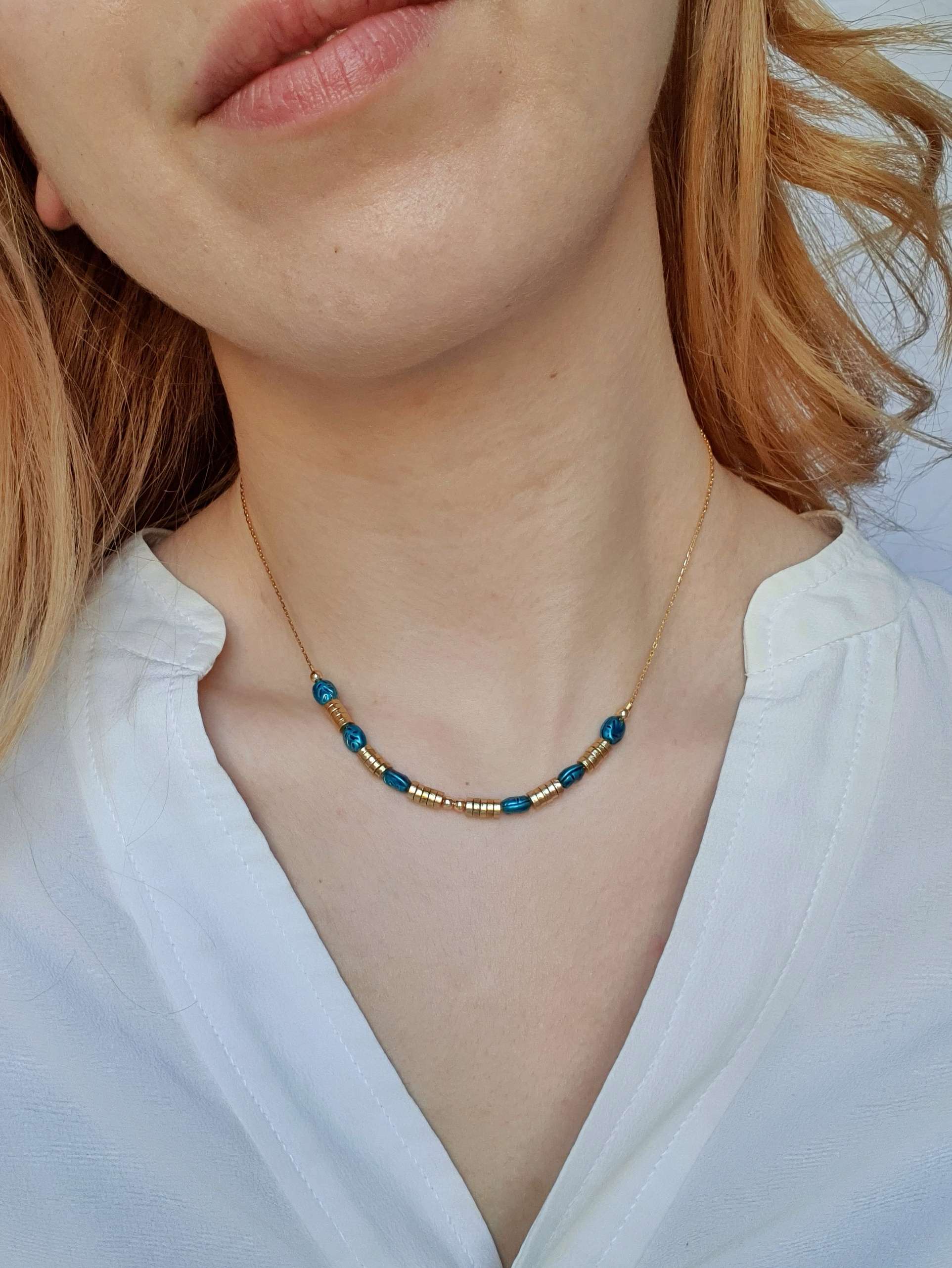 Vintage Gold Plated Fine Chain Necklace with Beads - Blue - Image 2