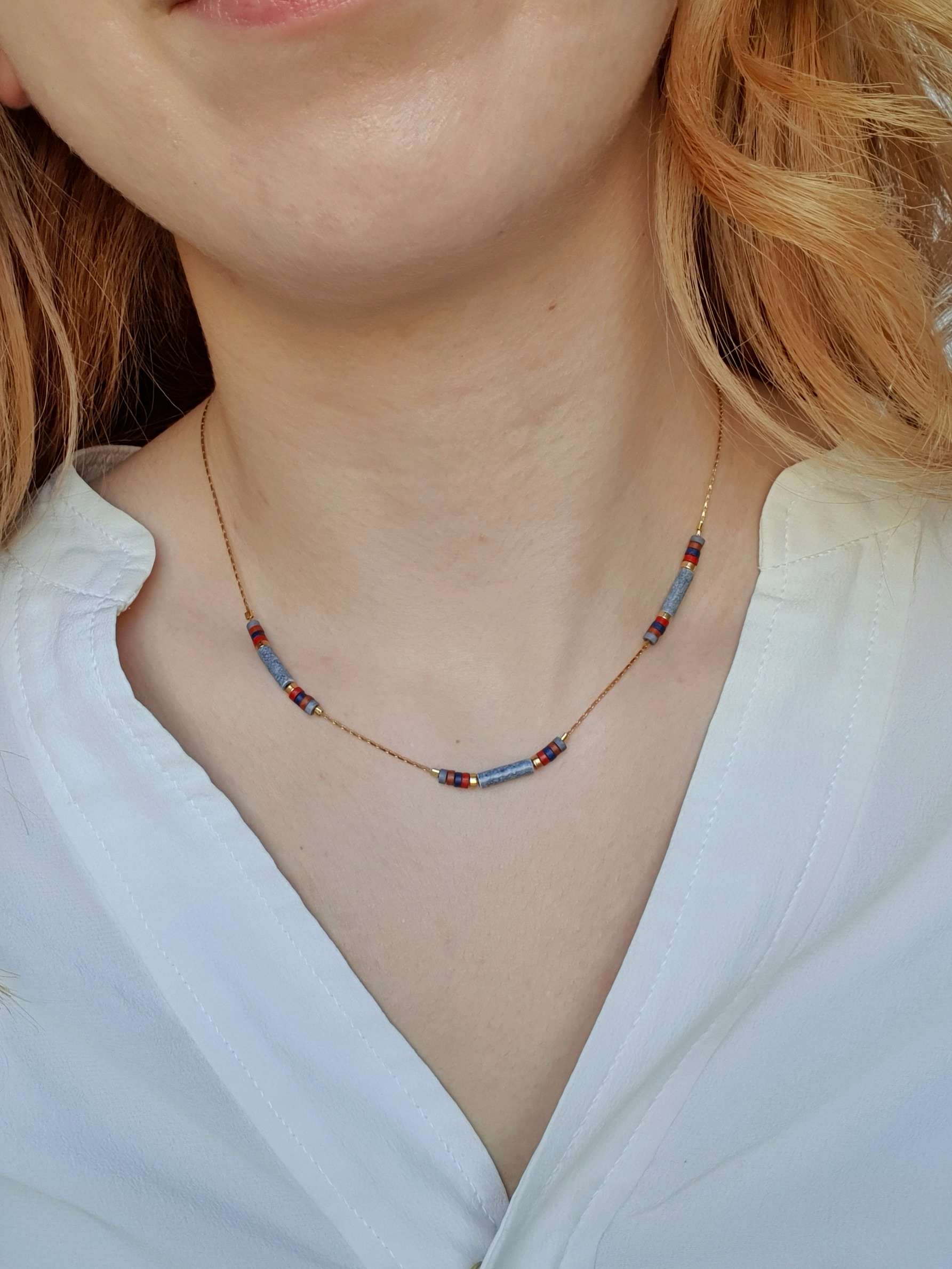 Vintage Gold Plated Fine Chain Necklace with Beads - Grey - Image 2