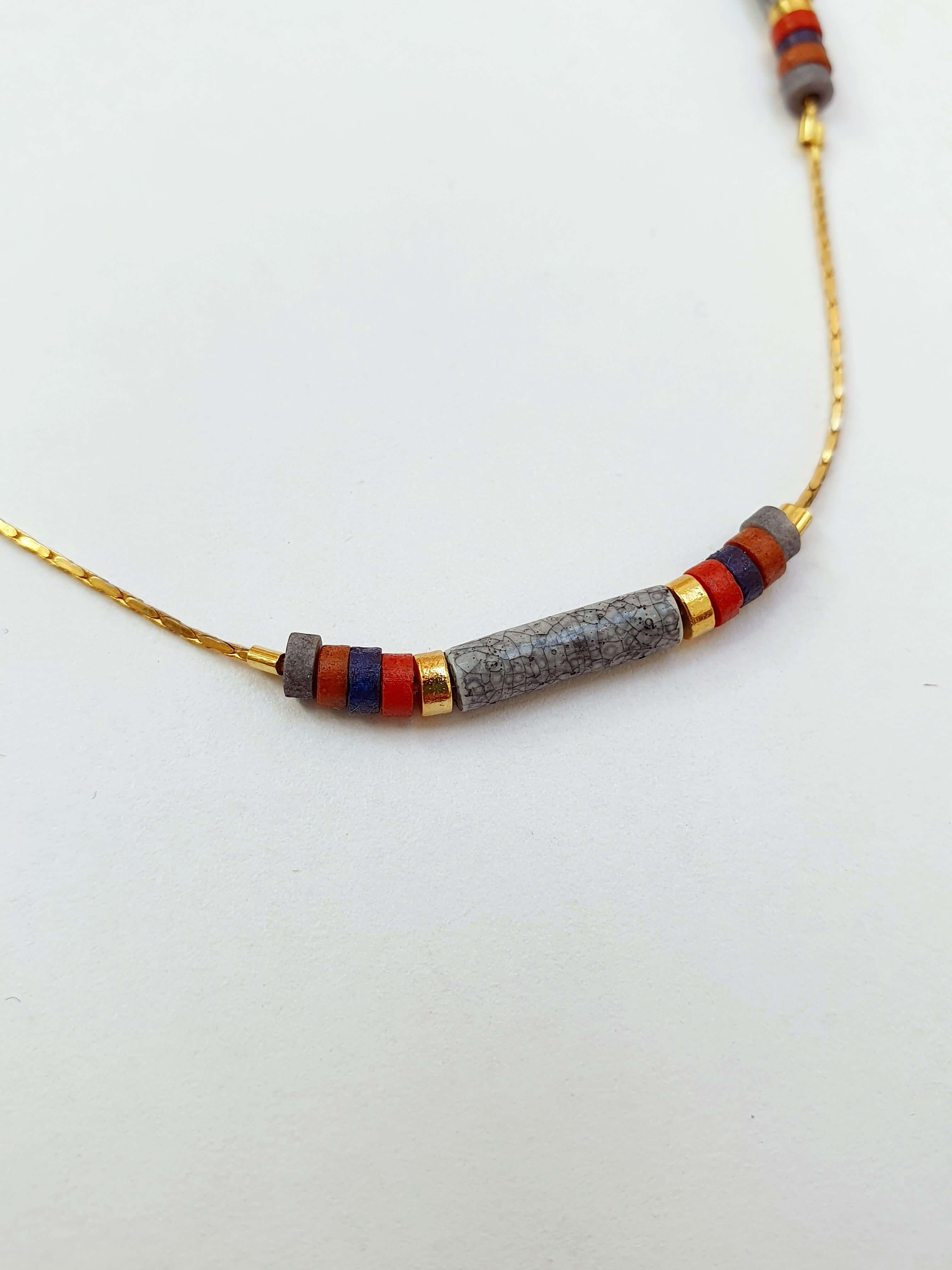 Vintage Gold Plated Fine Chain Necklace with Beads - Grey - Image 3