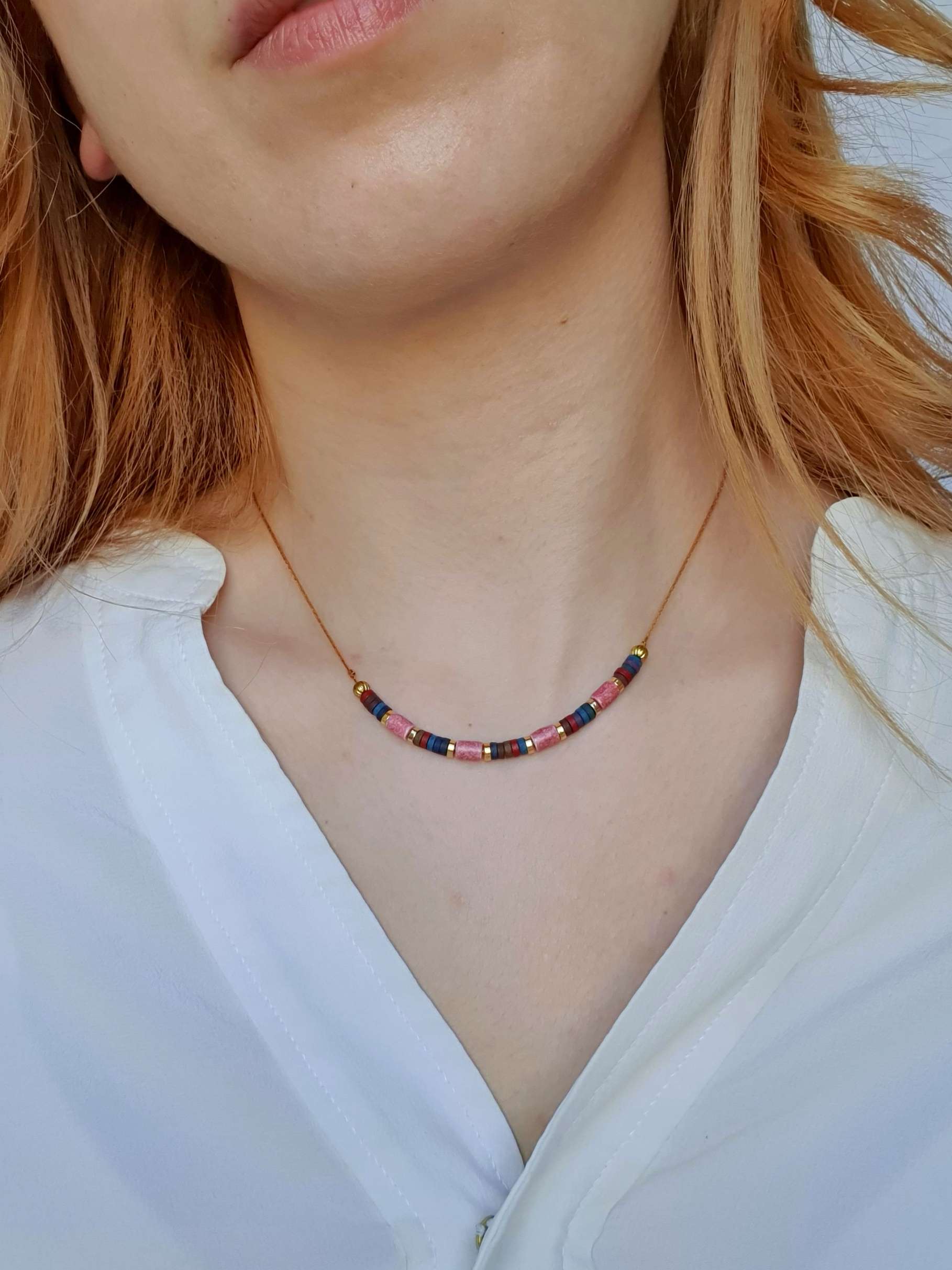 Vintage Gold Plated Fine Chain Necklace with Beads - Pink - Image 2