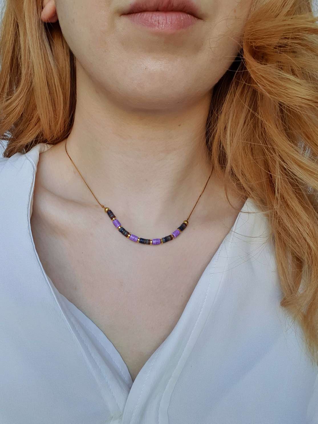 Vintage Gold Plated Fine Chain Necklace with Beads - Purple - Image 2