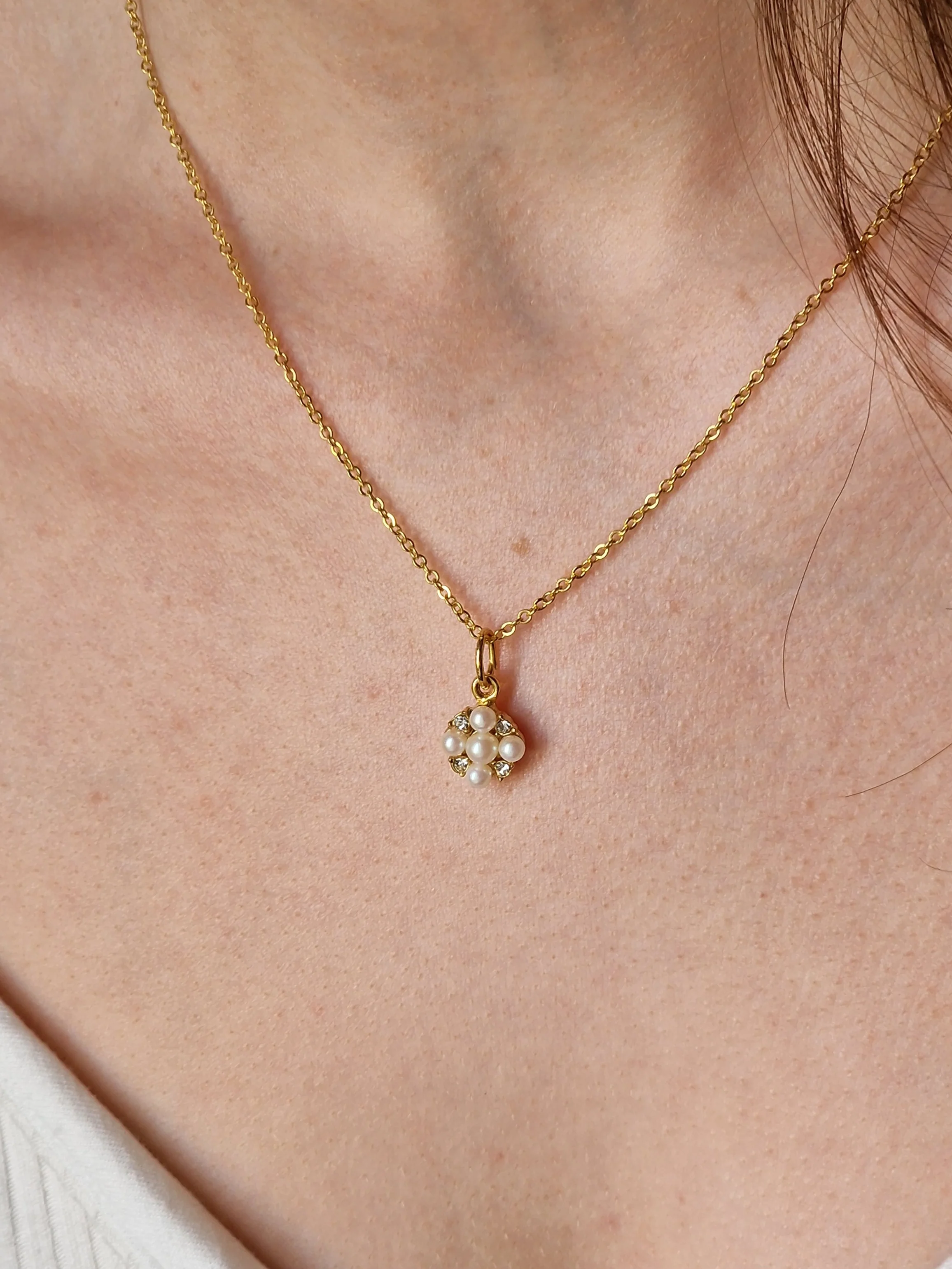 Vintage Gold Plated Fine Chain Necklace with Pearl & Crystal Charm - Image 4