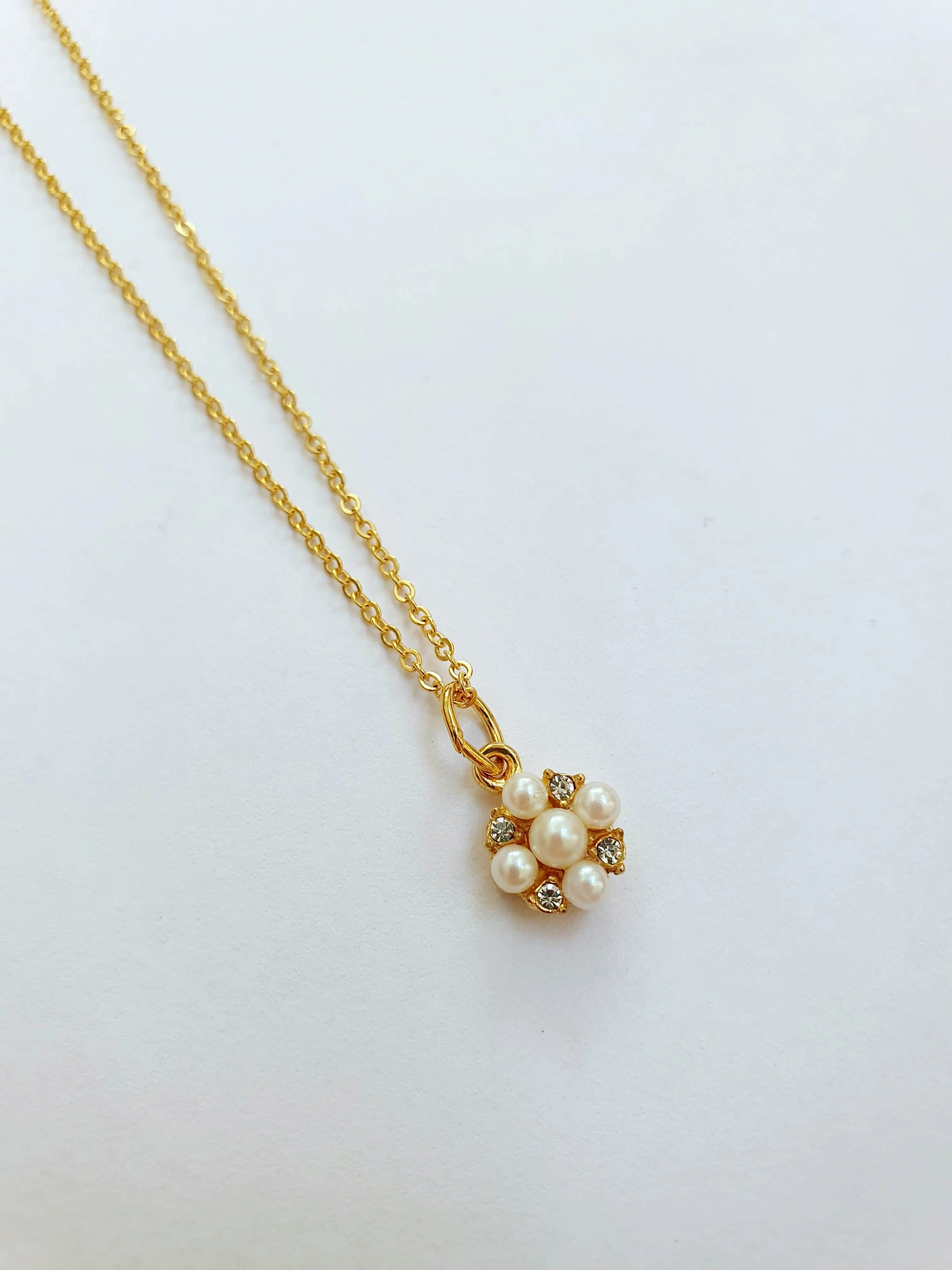 Vintage Gold Plated Fine Chain Necklace with Pearl & Crystal Charm - Image 5