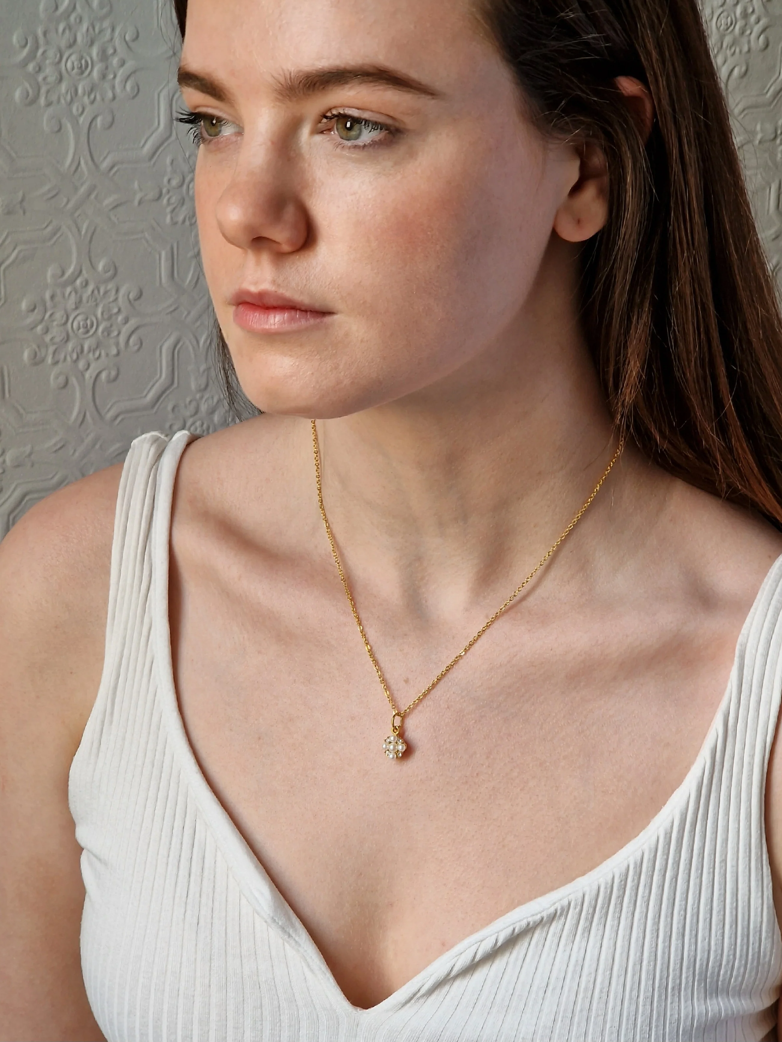 Vintage Gold Plated Fine Chain Necklace with Pearl & Crystal Charm - Image 7