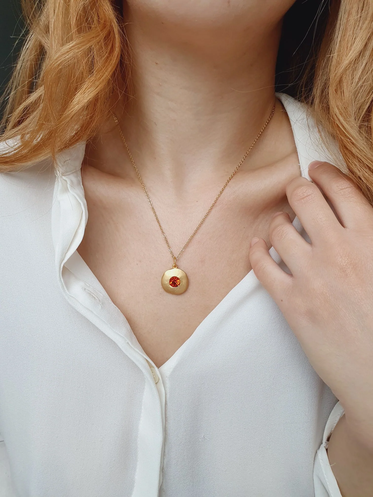 Vintage Gold Plated Fine Chain Necklace with Red Crystal Charm