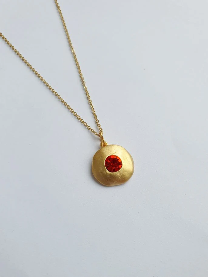 Vintage Gold Plated Fine Chain Necklace with Red Crystal Charm - Image 2