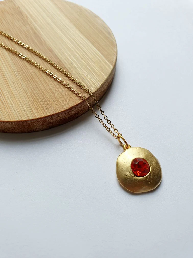 Vintage Gold Plated Fine Chain Necklace with Red Crystal Charm - Image 5