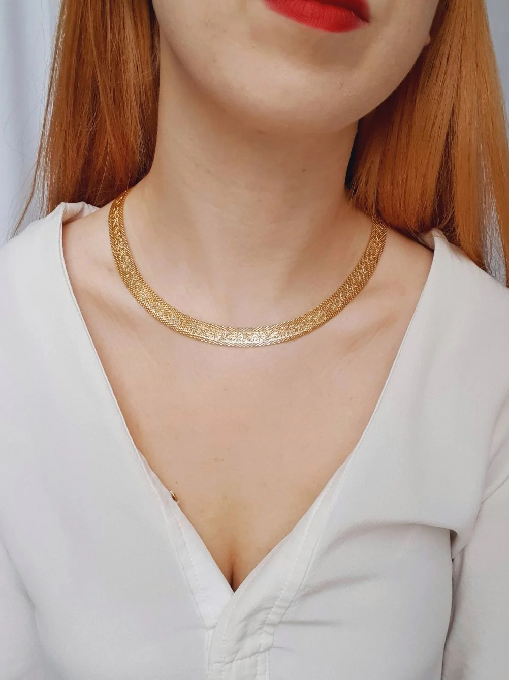 Vintage Gold Plated Flat Mesh Chain Necklace - Image 2