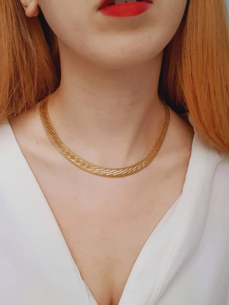 Vintage Gold Plated Flat Mesh Chain Necklace - Image 2