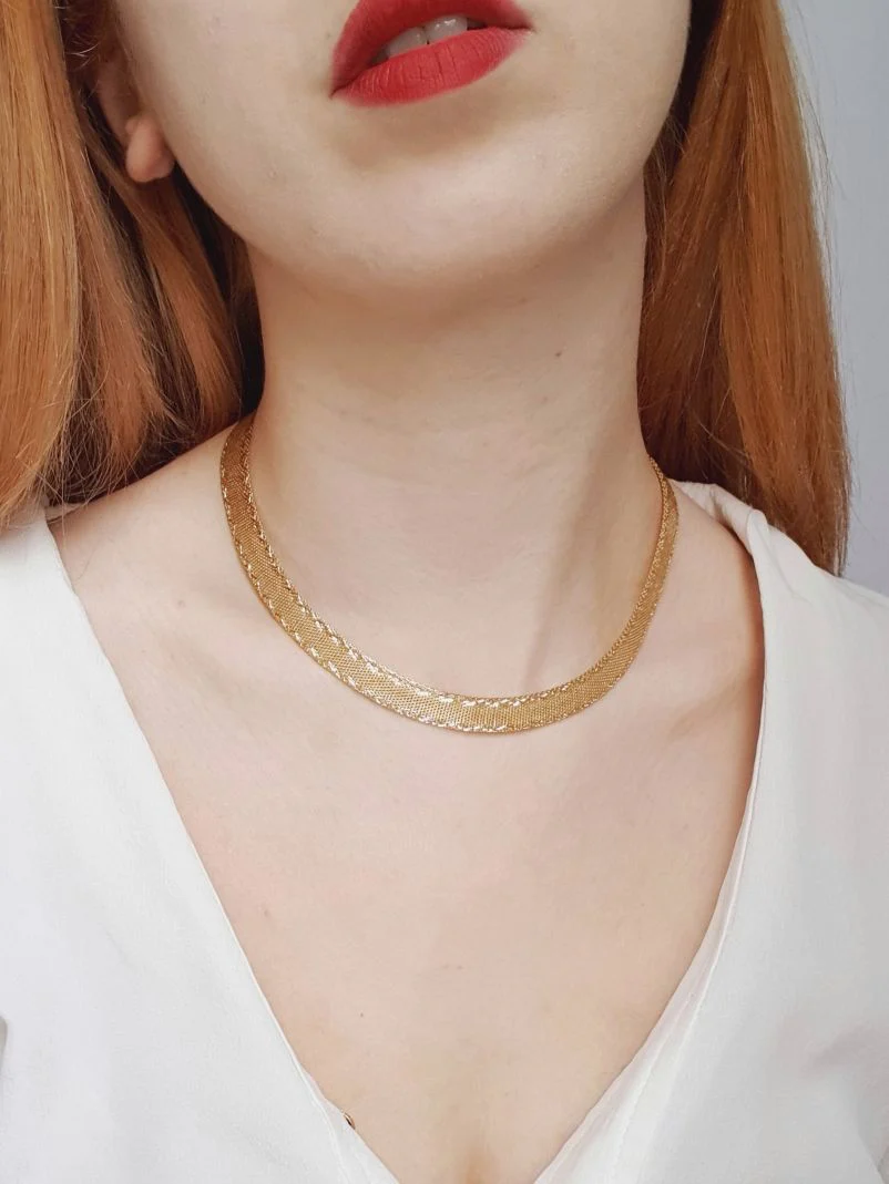 Vintage Gold Plated Flat Mesh Chain Necklace - Image 2