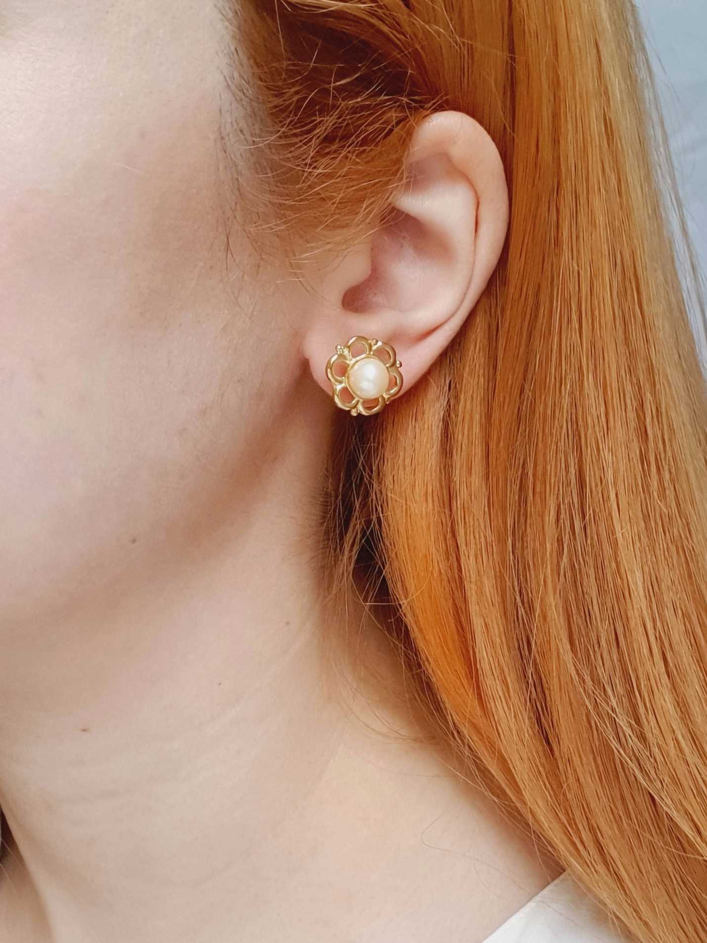 Vintage Gold Plated Flower & Pearl Stud Earrings - Image 2
