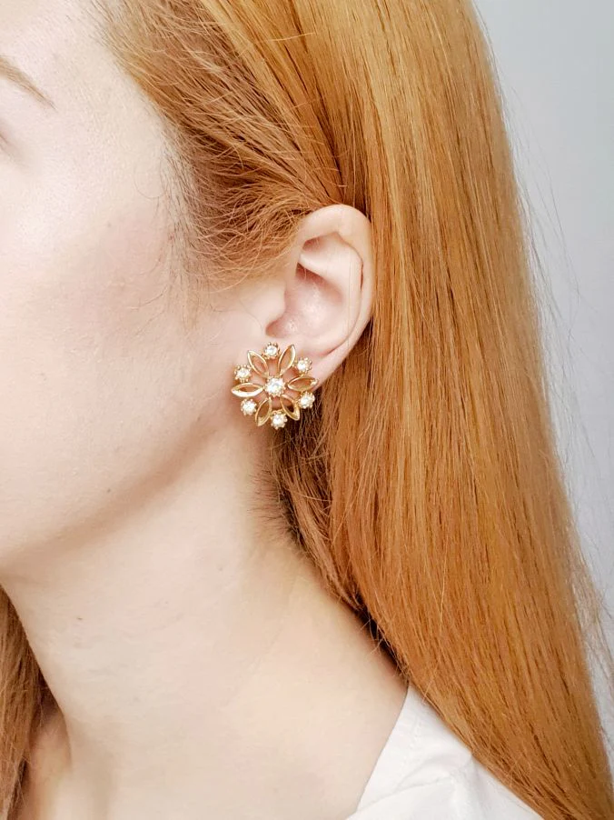 Vintage Gold Plated Flower Stud Earrings - Image 2