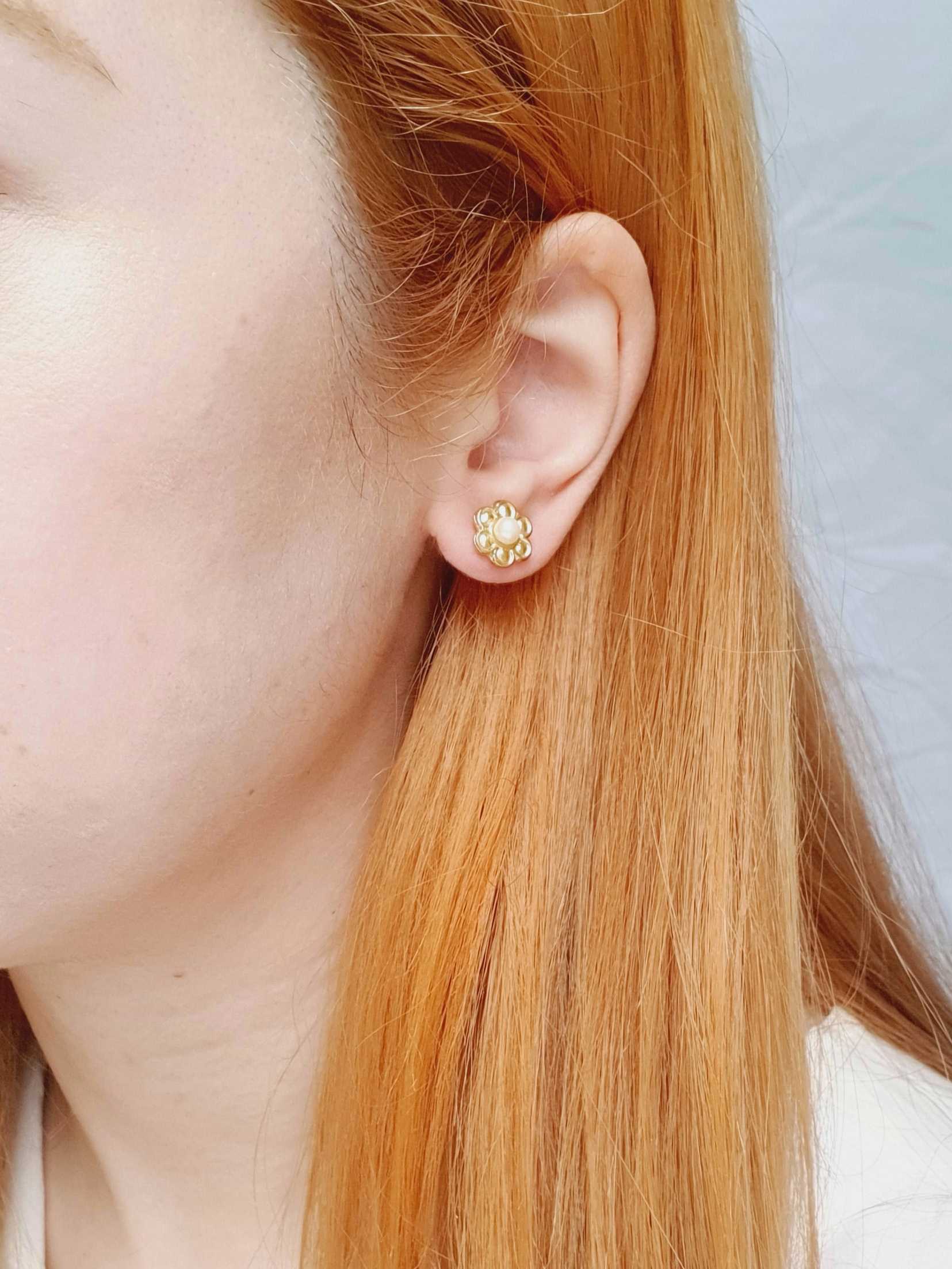 Vintage Gold Plated Flower Stud Earrings with Faux Pearl - Image 2