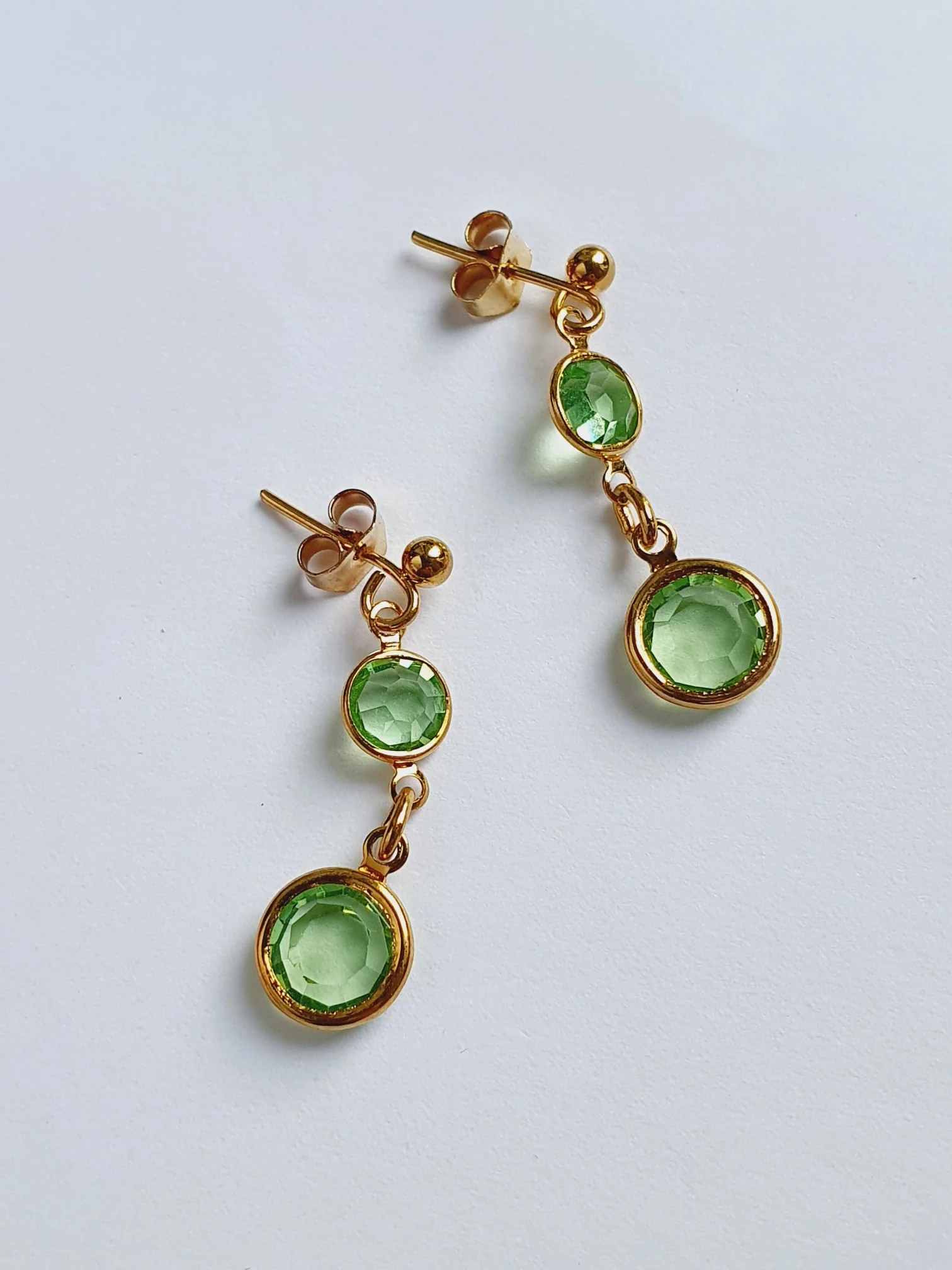 Vintage Gold Plated Green Crystal Drop Earrings - Image 2