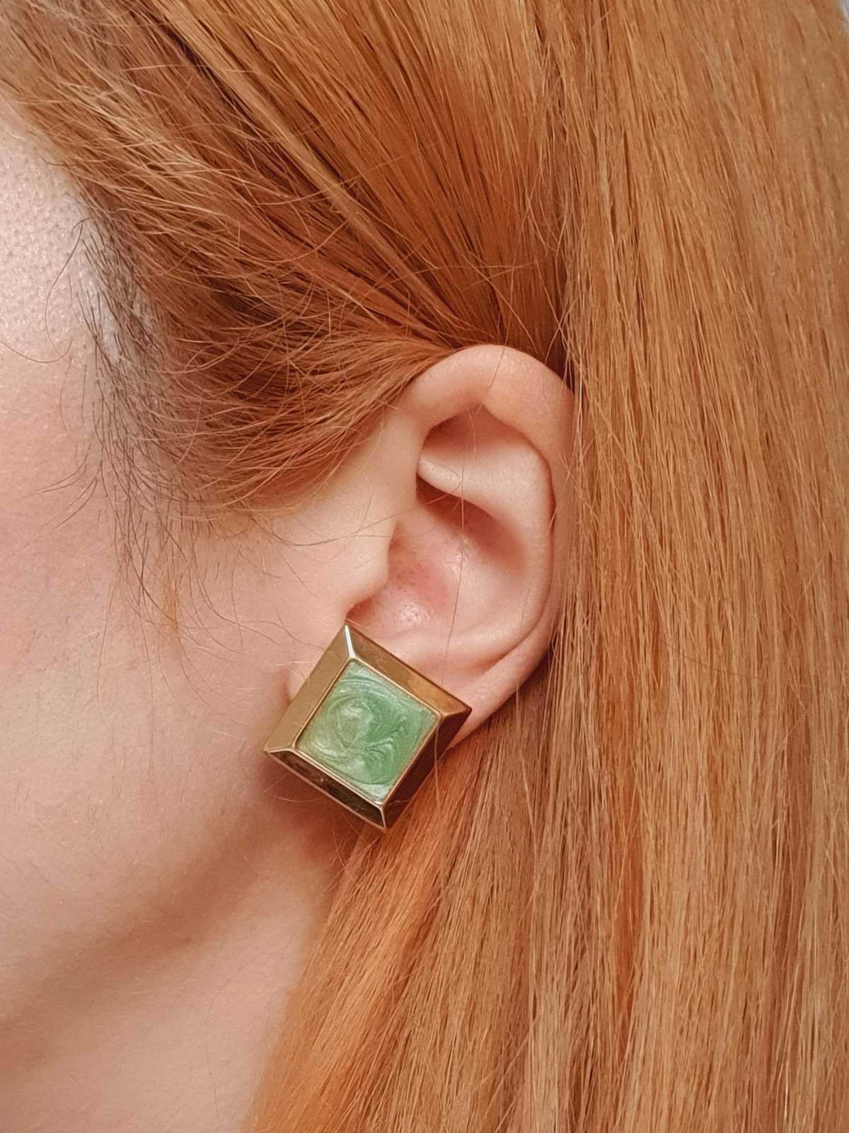 Vintage Gold Plated Green Enamel Stud Earrings - Image 2