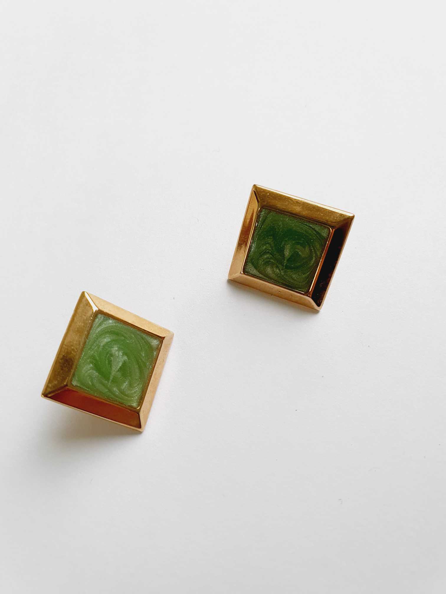 Vintage Gold Plated Green Enamel Stud Earrings - Image 3