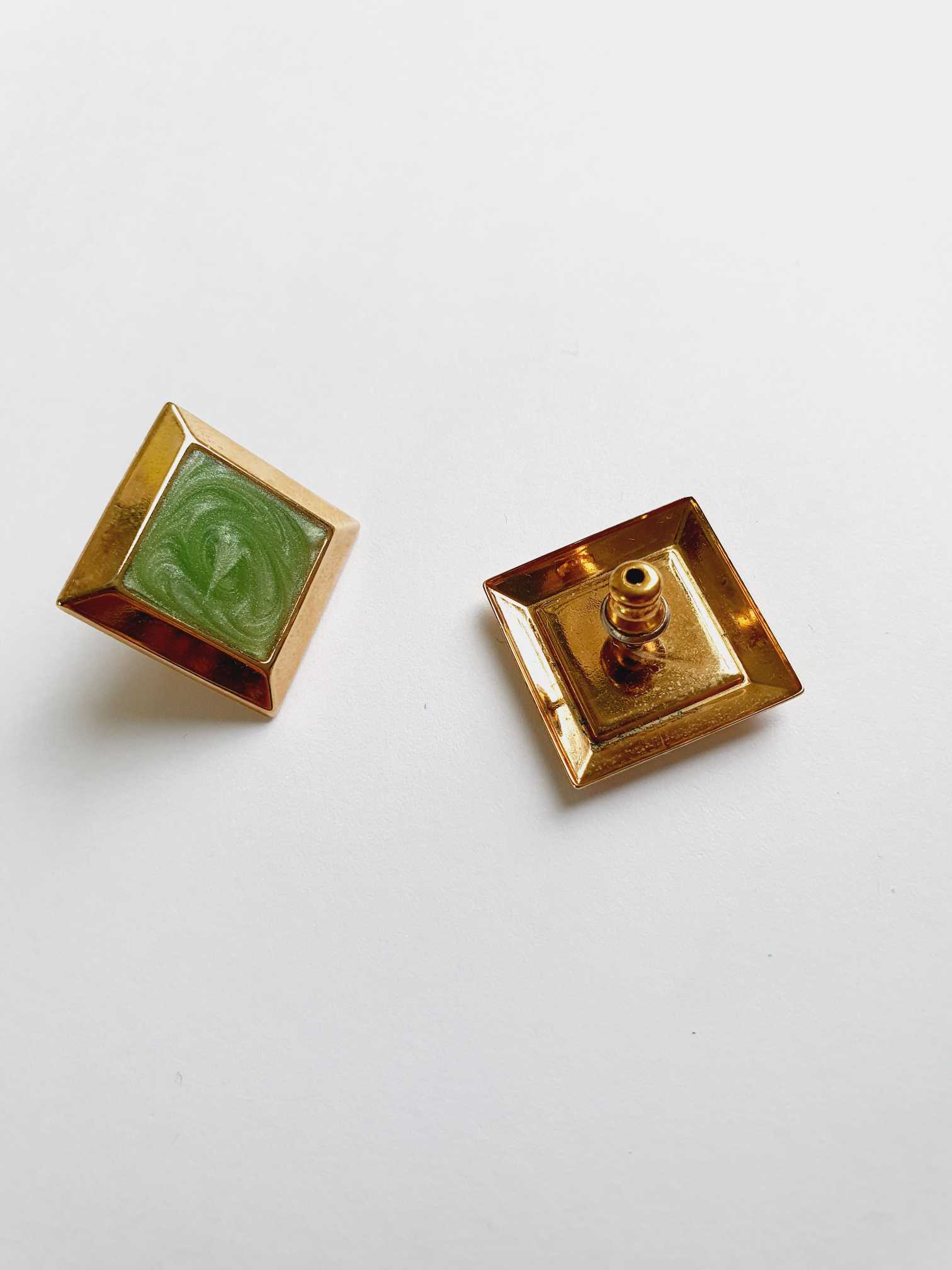 Vintage Gold Plated Green Enamel Stud Earrings - Image 4