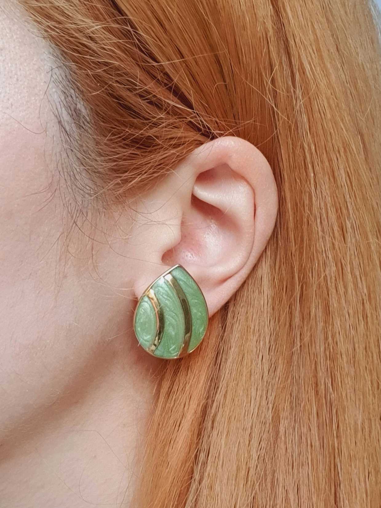 Vintage Gold Plated Green Enamel Teardrop Stud Earrings - Image 2