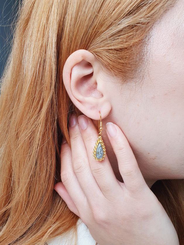 Vintage Gold Plated Grey Enamel Drop Earrings - Image 2