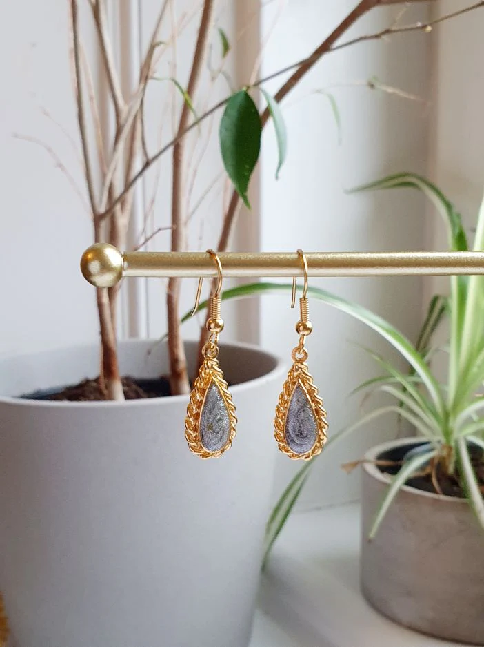 Vintage Gold Plated Grey Enamel Drop Earrings - Image 3